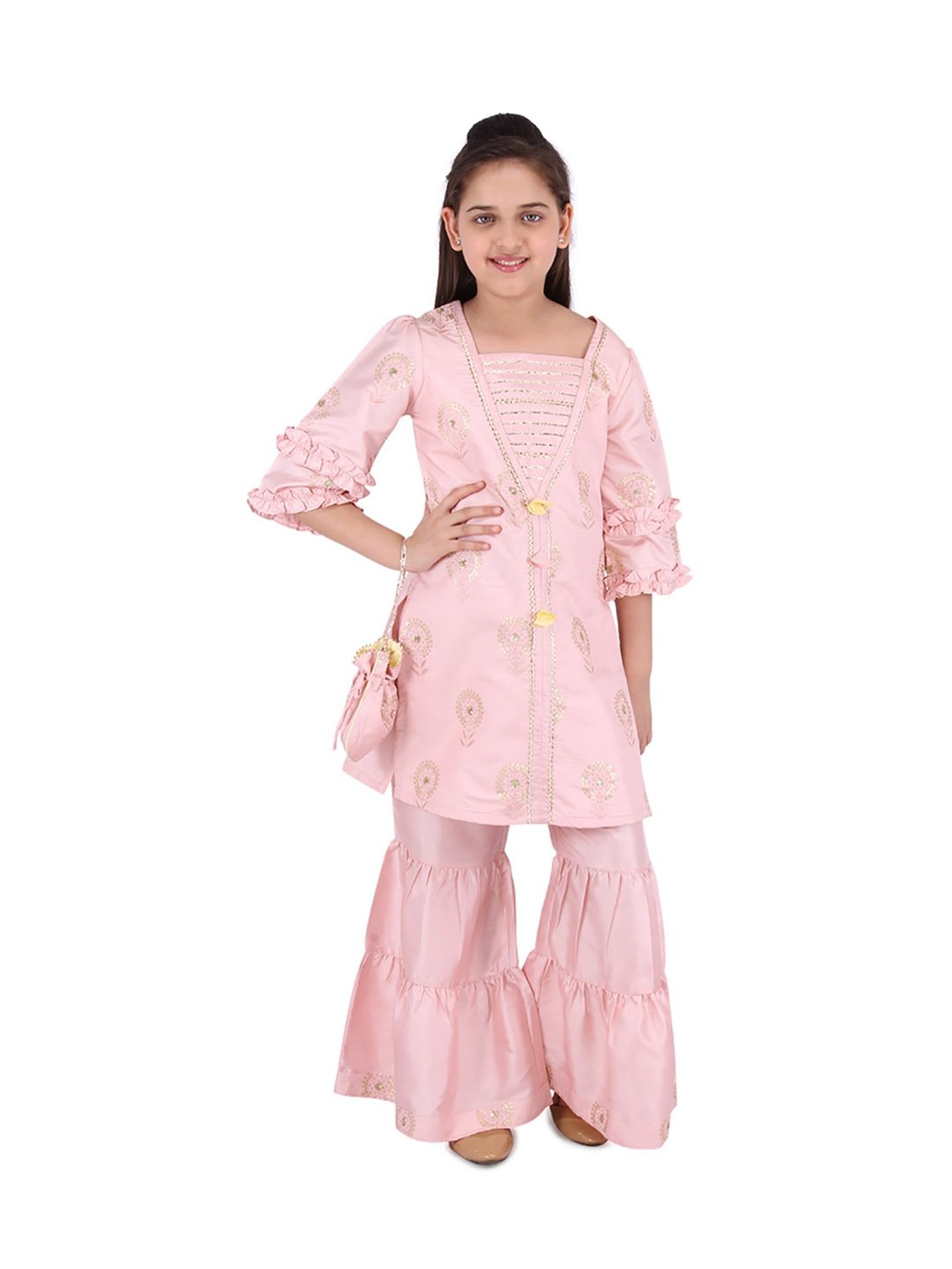 Cutecumber Kids Pink Embellished  Kurta, Palazzos with Bag