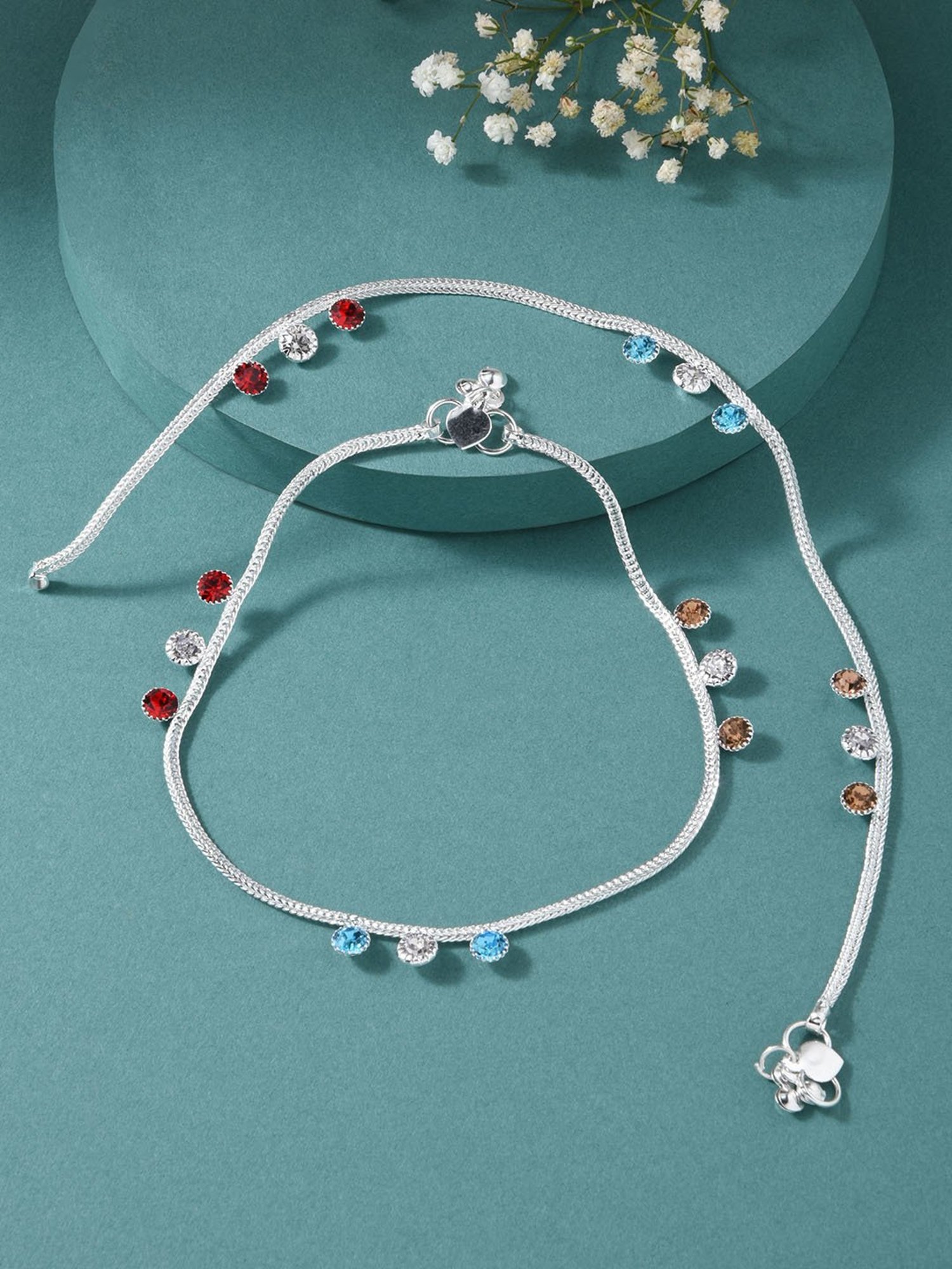 Fida Multicolor Stones Silver-Plated Anklets for Women - Set of 2