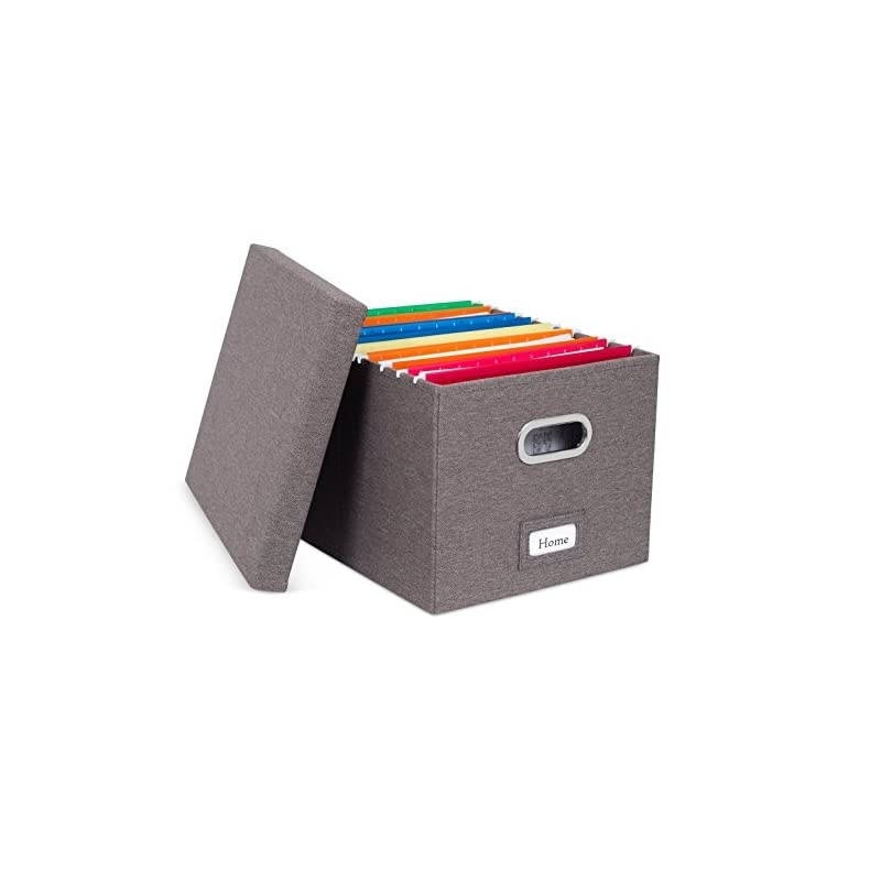 Collapsible File Box Storage Organizer with Lid - Decorative Linen Filing & Storage Office Boxes &ndash; Hanging Letter/Legal Folder &ndash; Home Office Bins Cabinet &ndash; Grey Container - 1 Pack