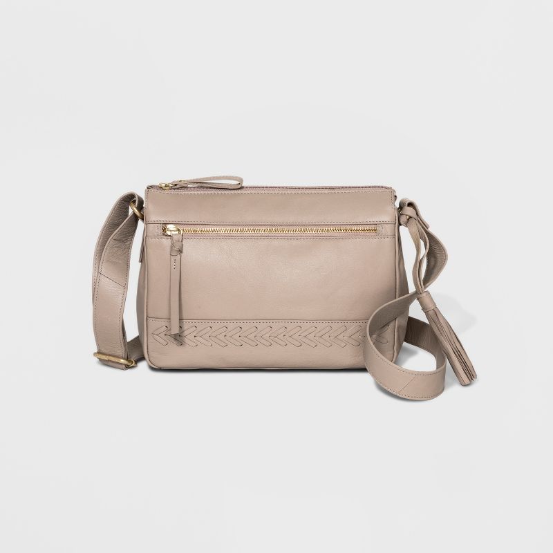 Great American Zip Closure Leather Shoulder Bag - Light Beige