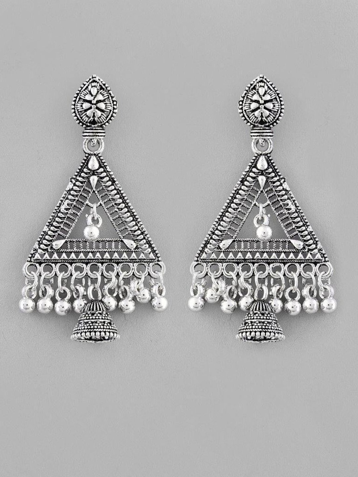 VOJ Studded Triangle Oxidised Silver Plated Contemporary Drop Earrings for Women