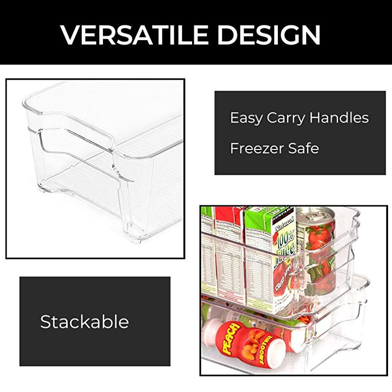 Stackable Refrigerator Bin 6 x 12 Inch wHandle BPA Free Polyethylene for Fridge Freezer Pantry Organization Kitchen Clear Set of 4