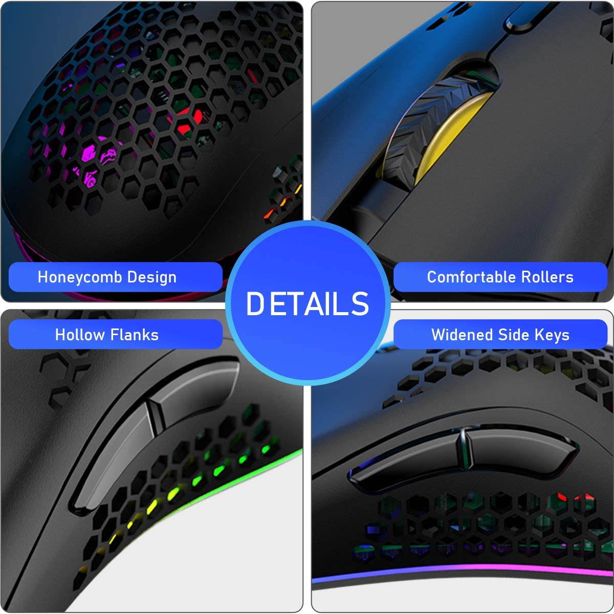 Wireless Lightweight Gaming Mouse Honeycomb with 7 Button Multi RGB Backlit Perforated Ergonomic Shell Optical Sensor Adjustable DPI Rechargeable 800 mAh Battery USB Receiver for PC Mac Gamer