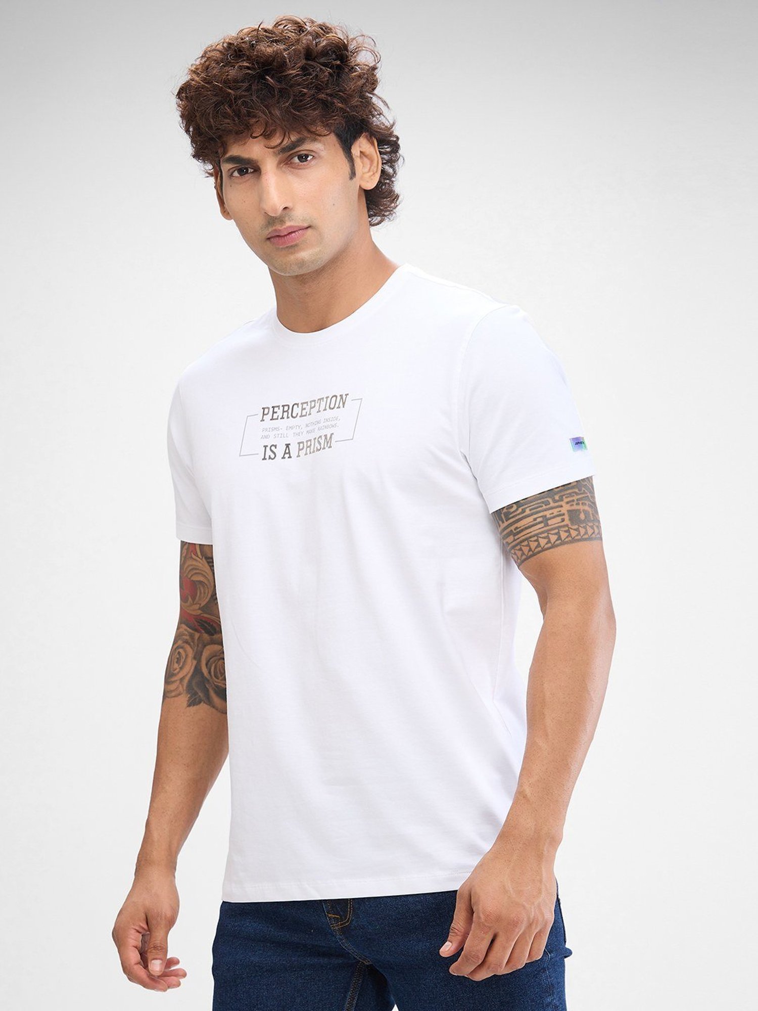 Spykar White Slim Fit Printed T-Shirt