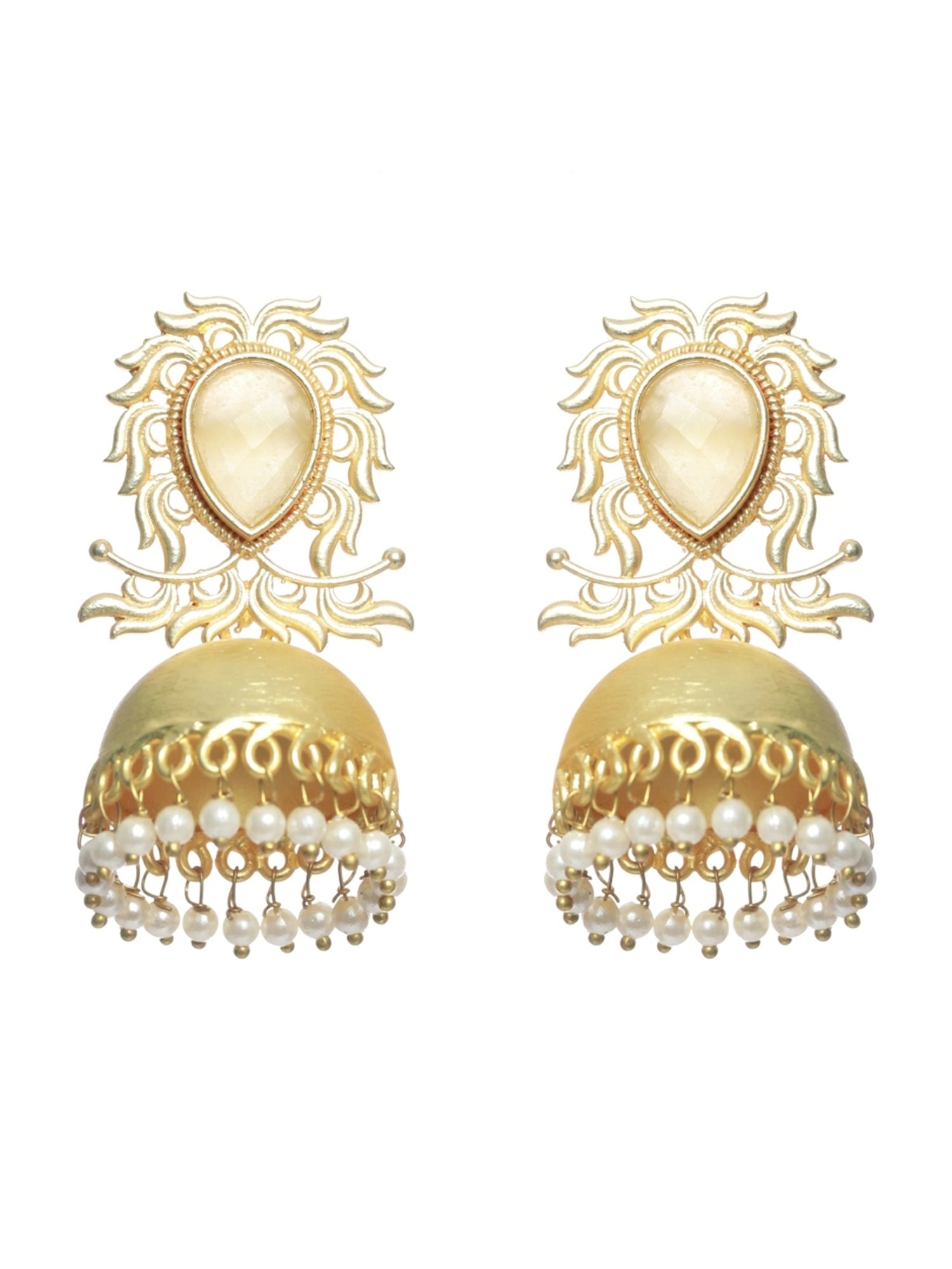 Aatmana Gold-Plated & Yellow stone studded Dome-Shaped White Beaded Jhumki Earrings
