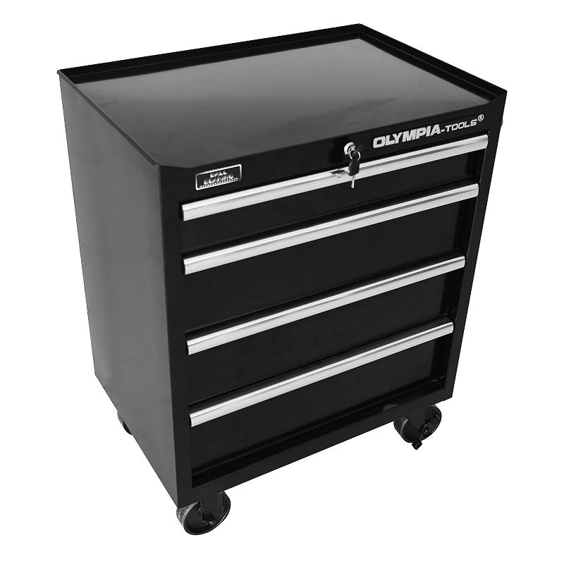 Olympia Tools 4-Drawer Rolling Organizer Tool Storage Chest with Power Strip, Heavy-Duty Caster Wheels, and Secure Lock System, Black