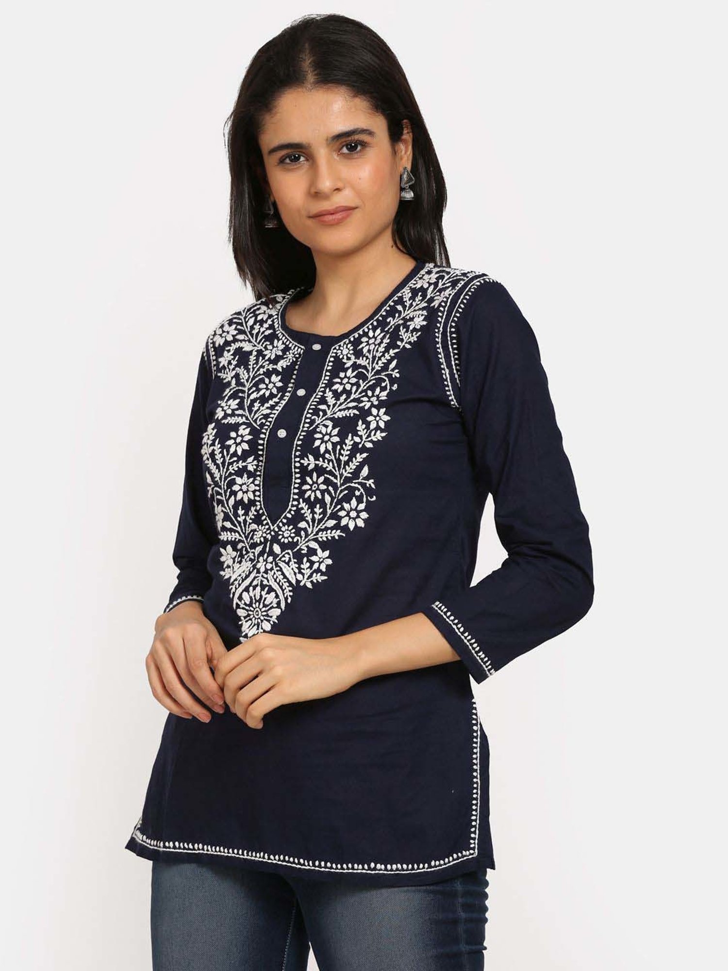 PARAMOUNT CHIKAN Navy Cotton Chikankari Straight Kurti