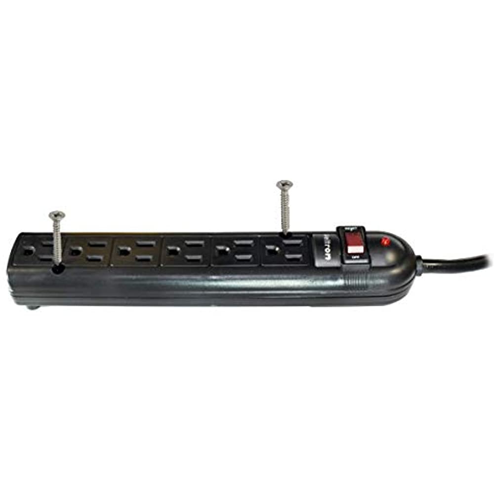THIS 6 OUTLET PLASTIC POWER STRIP HAS 750 JOULES, EMI/RFI FILTER AND A 25FT POWE