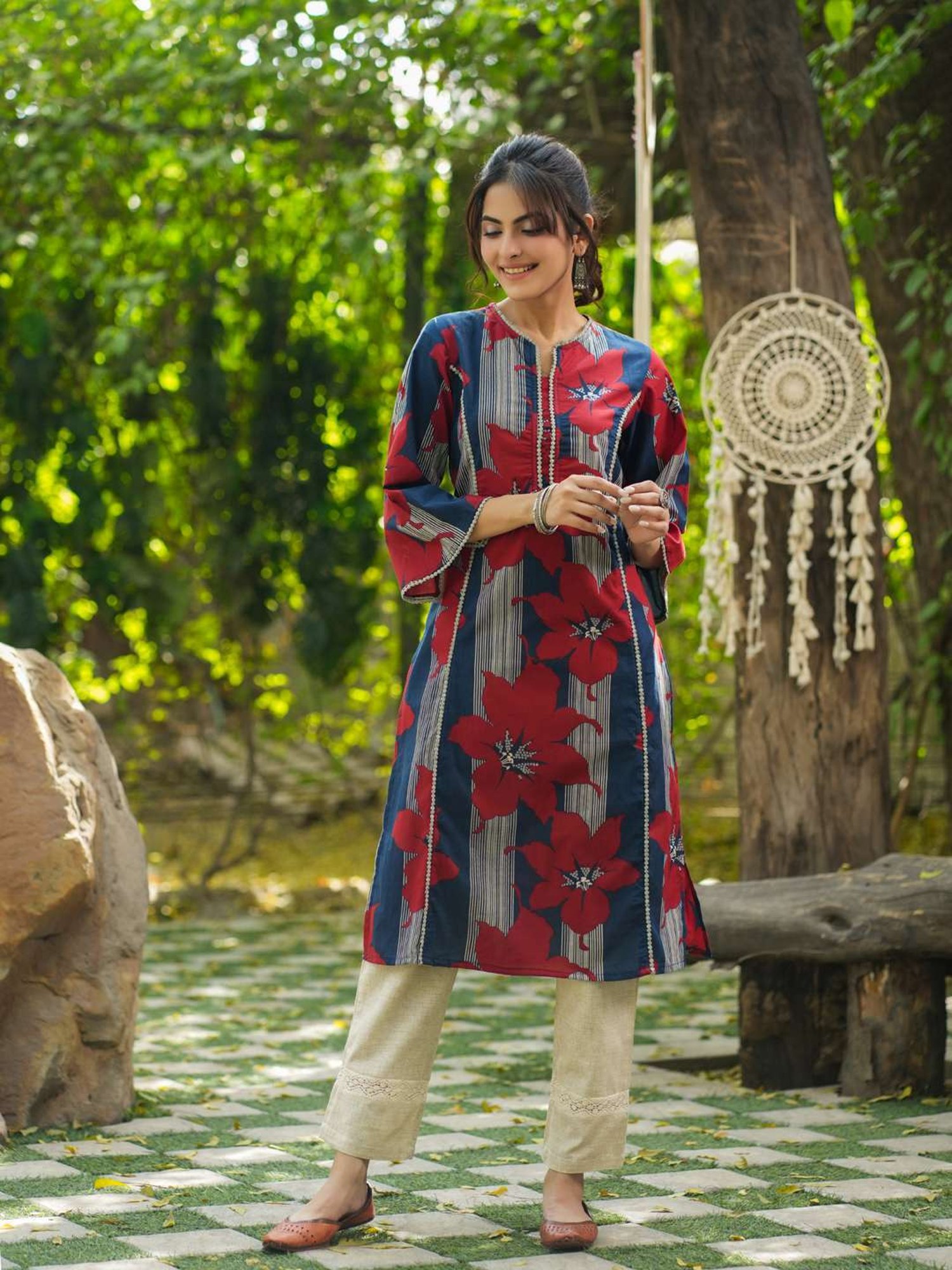 Rain and Rainbow Blue & Red Cotton Floral Print A Line Kurta