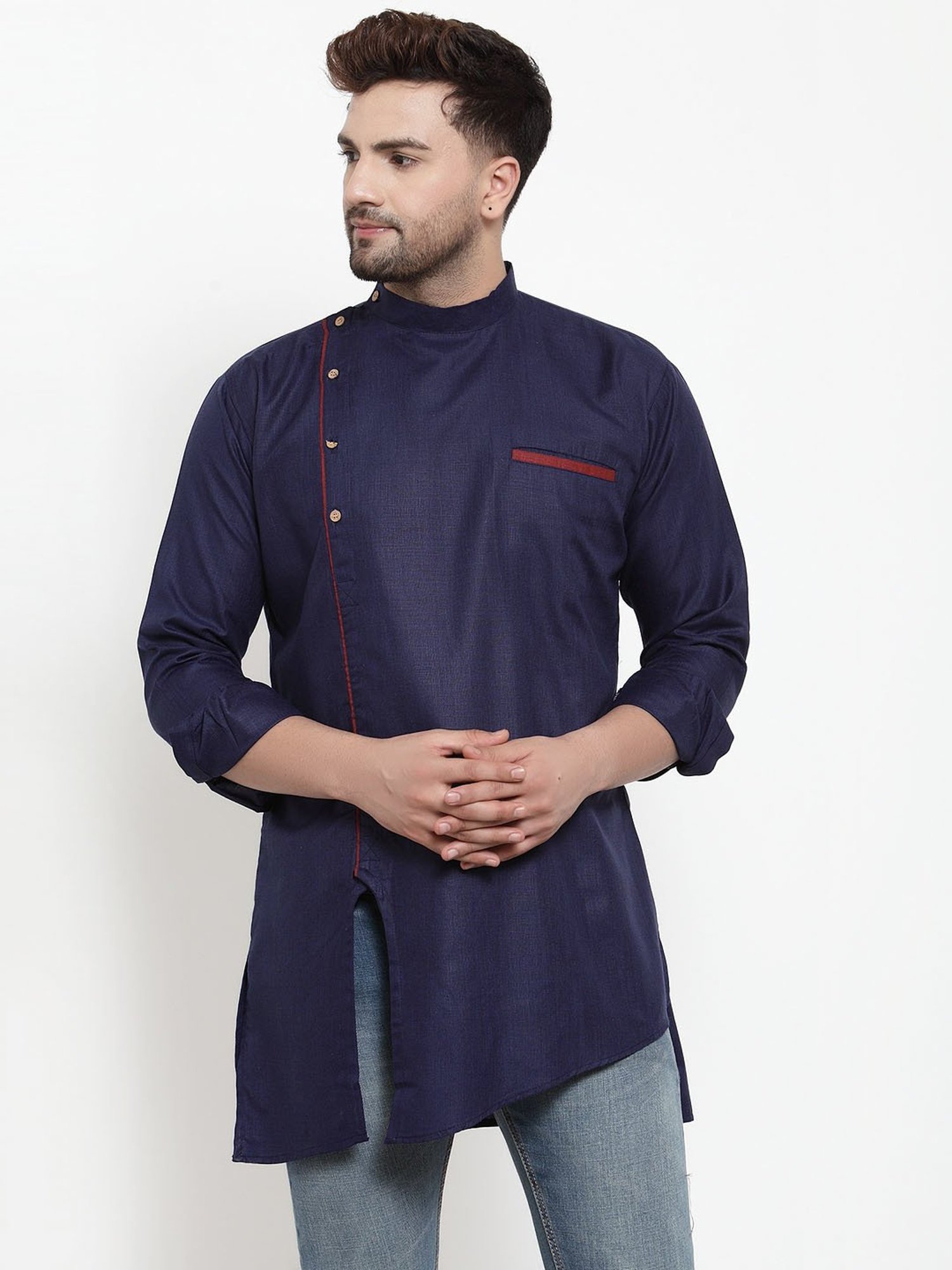 Benstoke Navy Regular Fit Short Kurta