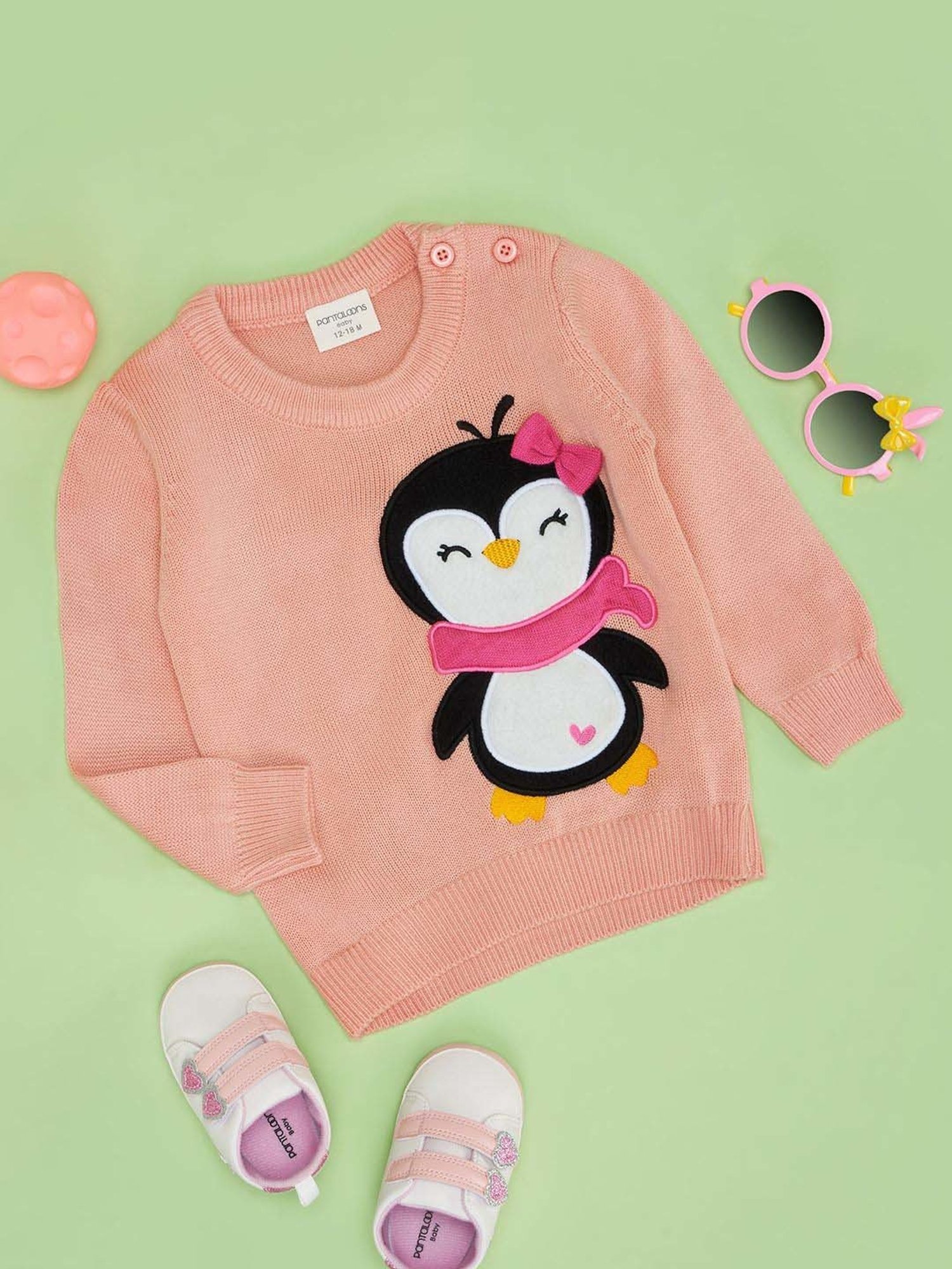 MINIKLUB Girls Green Self Design Full Sleeves Sweater