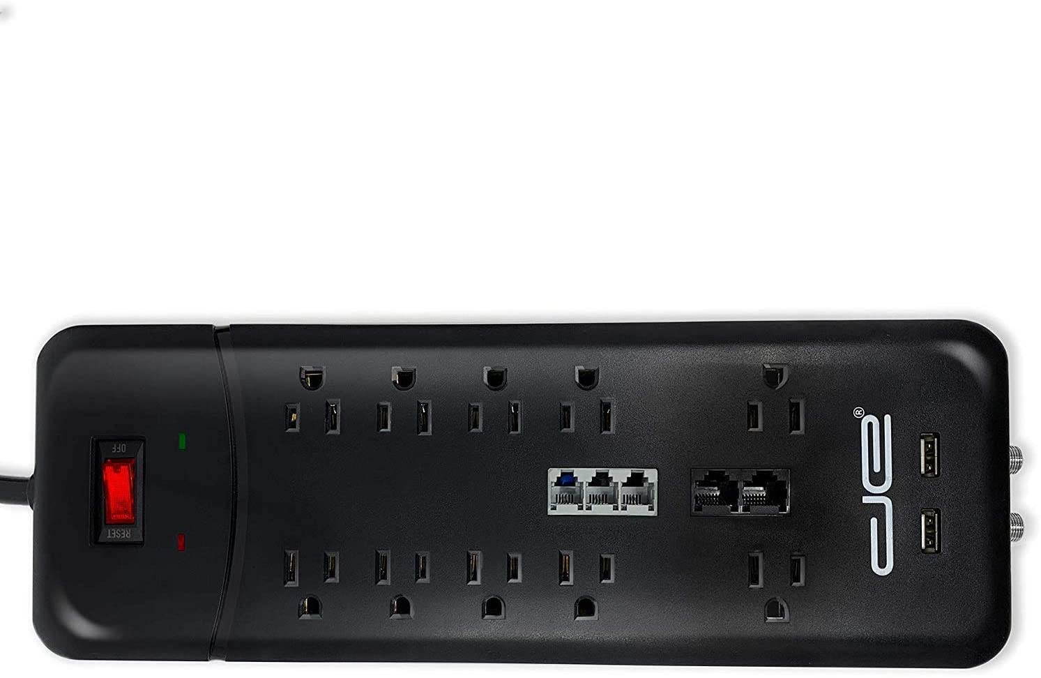 Digital Energy 15-ft Heavy Duty 10-Outlet 3500 Joules Surge Protector Power Strip, 15 Foot Long Extension Cord, Two USB Charging Ports, Coaxial, Phone Protection, ETL Listed. 15 AMP, Black
