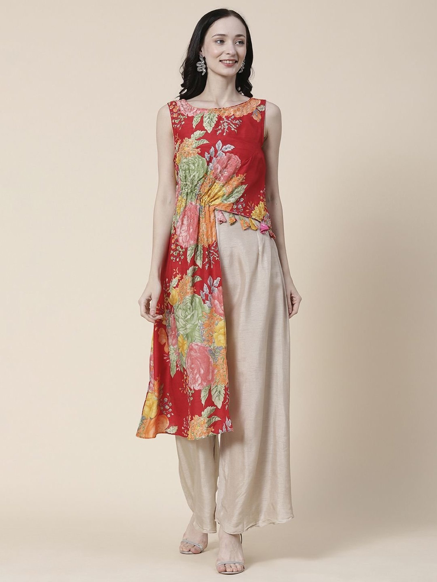 Fashor Red & Beige Printed Top Palazzo Set