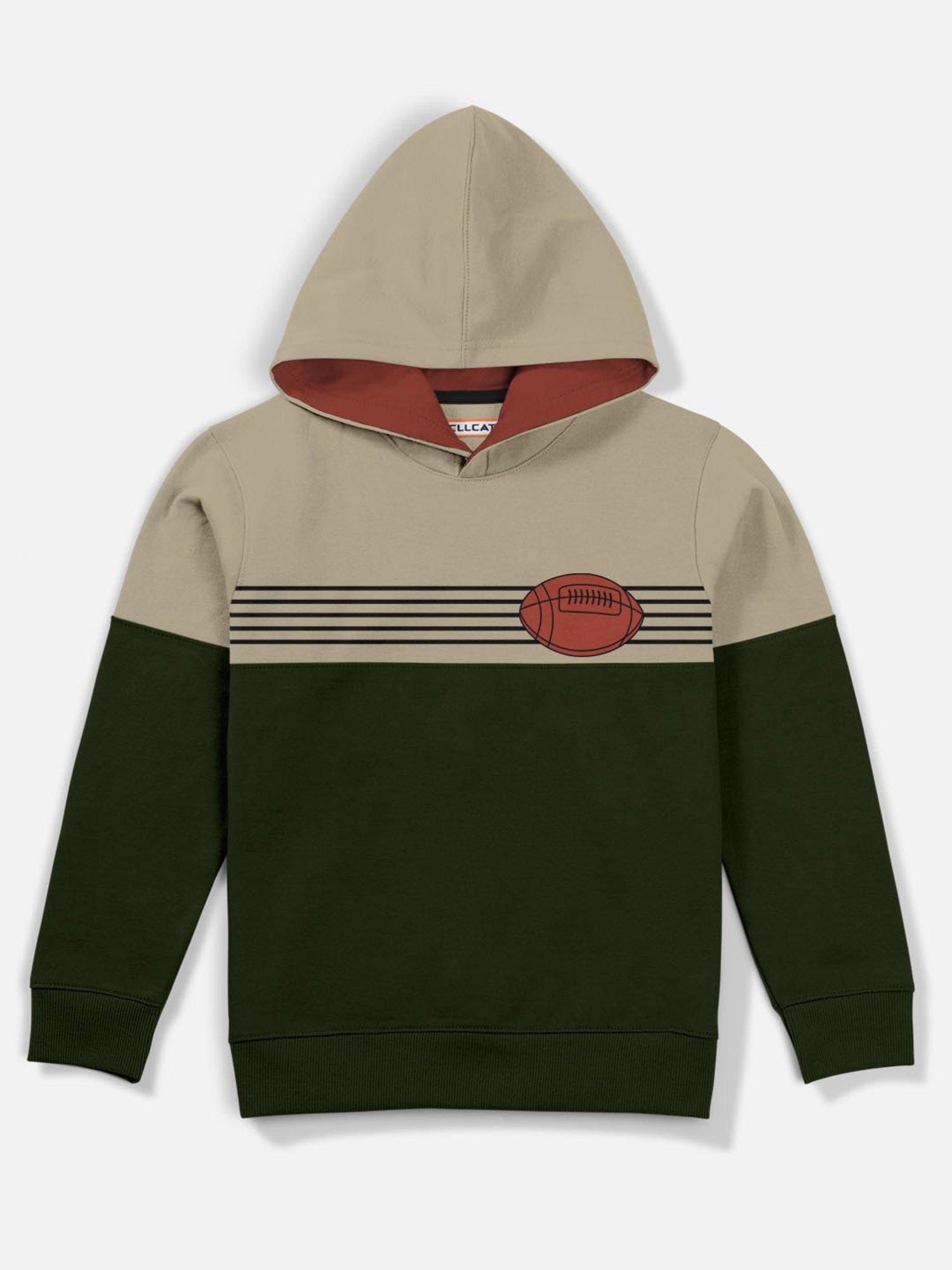 HELLCAT Beige & Green Color Block Full Sleeves Sweatshirt
