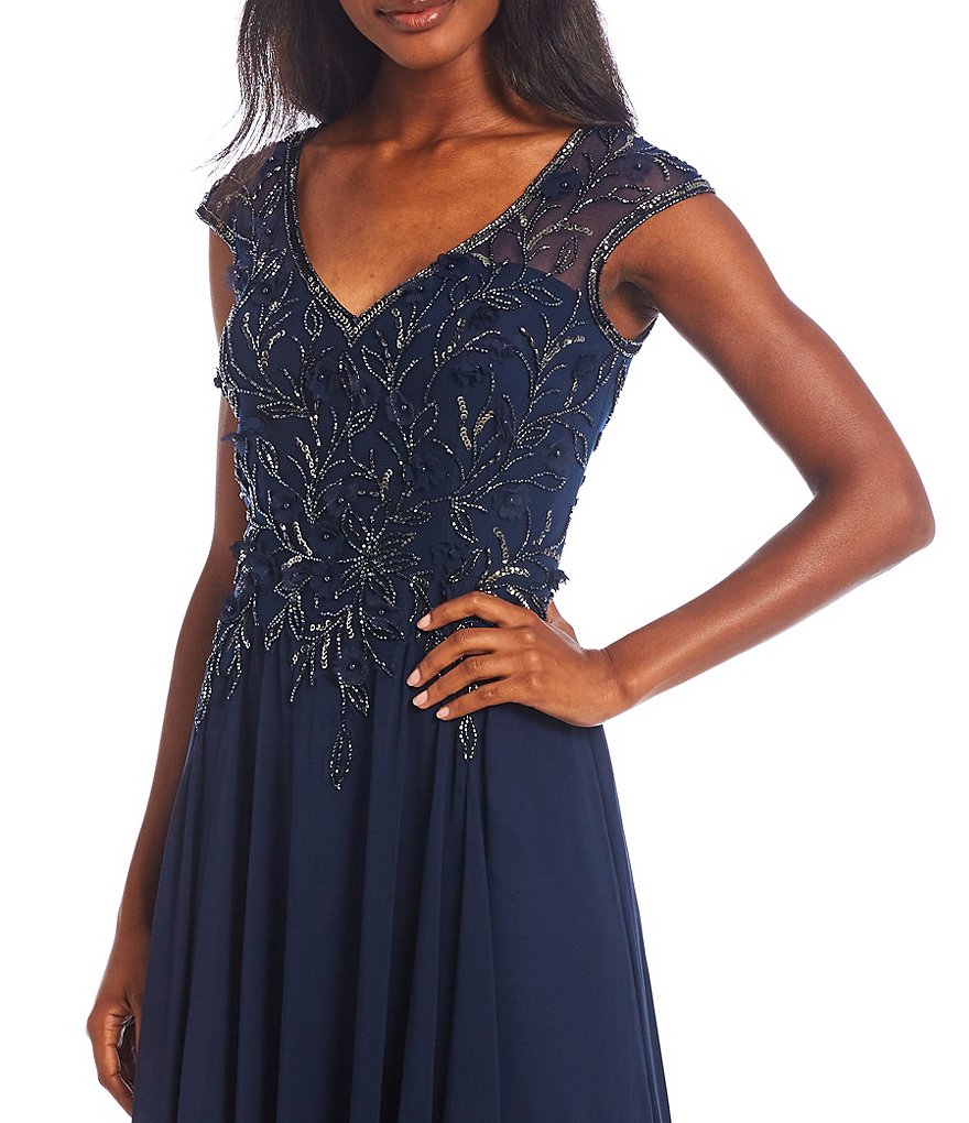 Xscape V-Neck Cap Sleeve Beaded Bodice Chiffon Gown