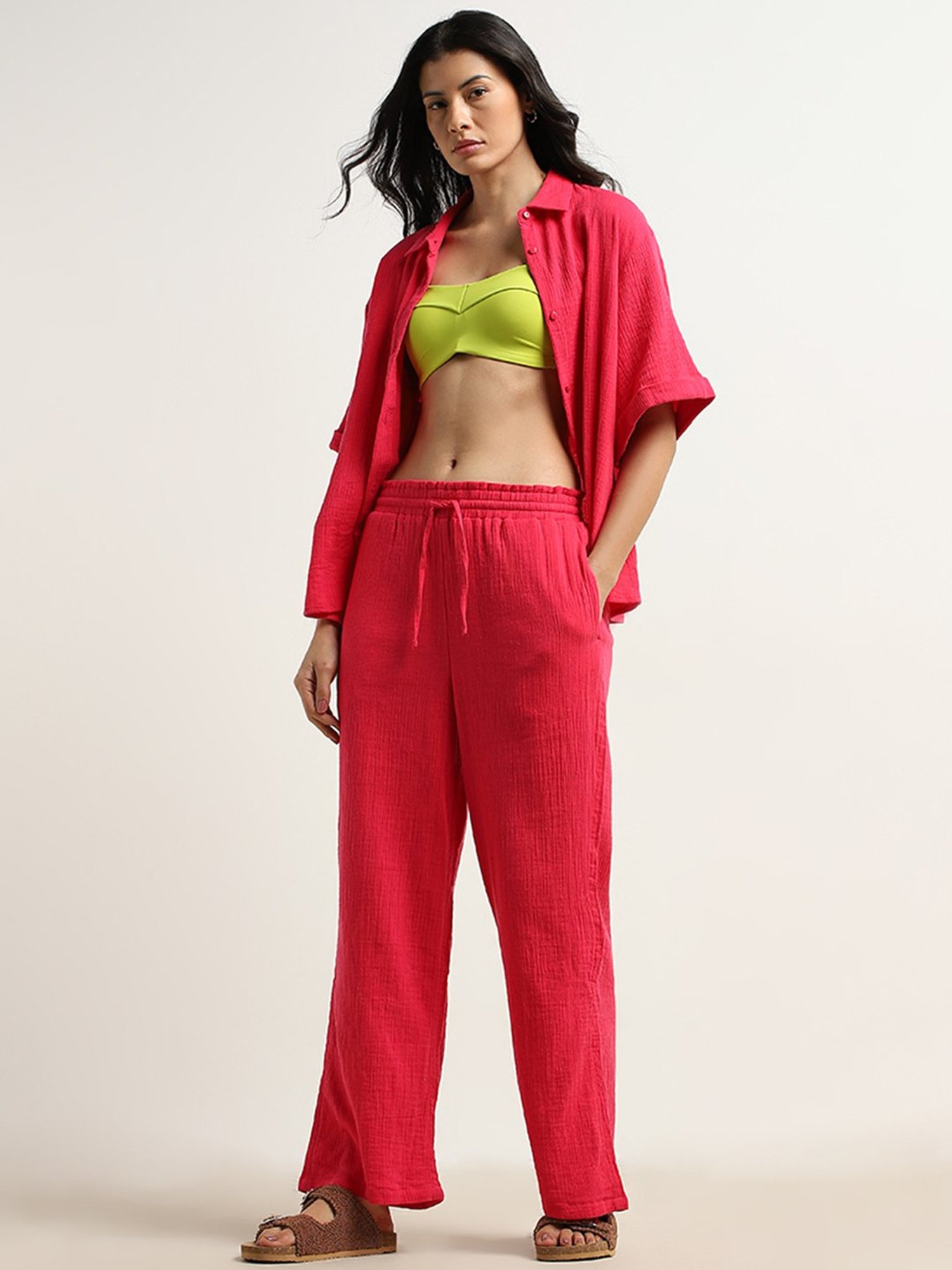 Wunderlove by Westside Magenta Textured Mid-Rise Cotton Beach Pants