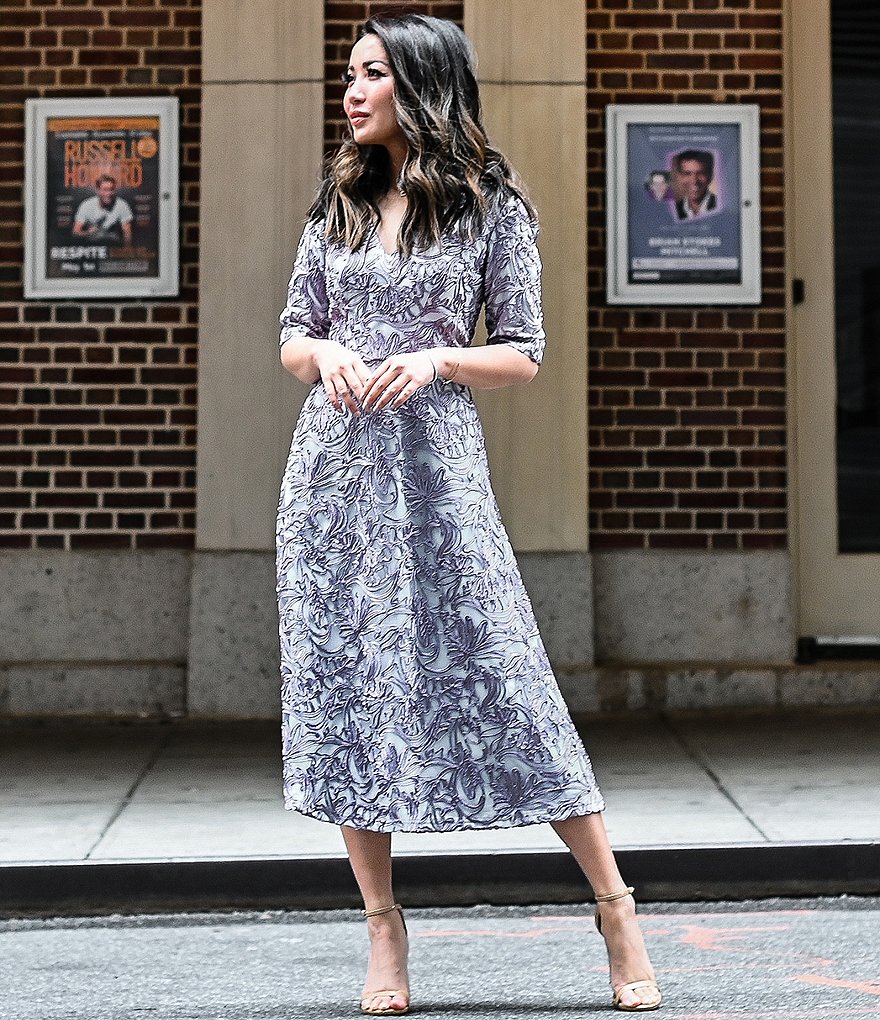 JS Collections Hazel Lace Fit & Flare Short Sleeve V-Neck Midi Dress