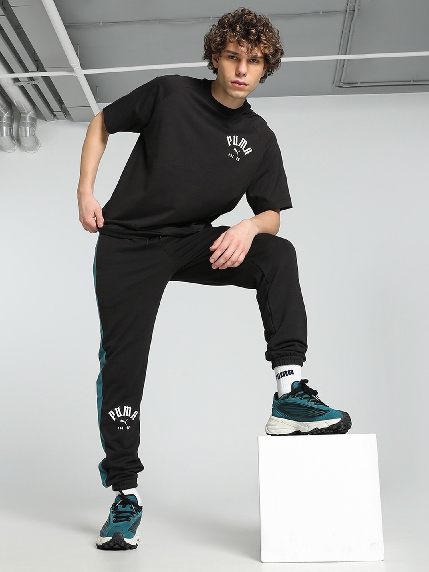 Puma Black Cotton Relaxed Fit Printed T-Shirt