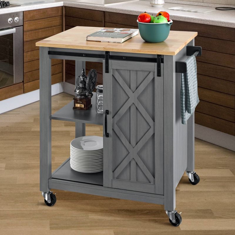 33" Sliding Door Kitchen Cart with Wood Top Gray - Home Essentials
