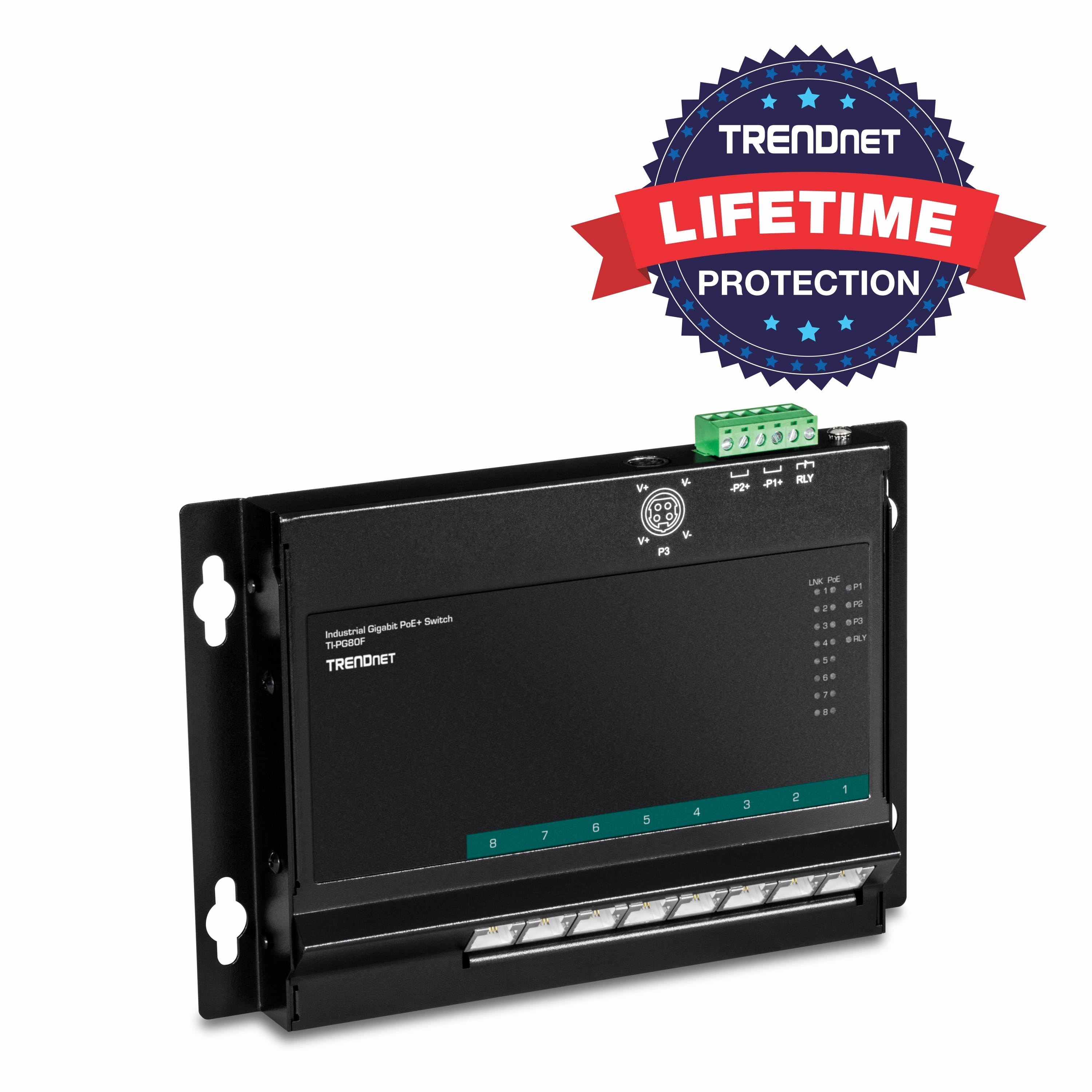 TRENDnet 8-Port Industrial Gigabit PoE+ Wall-Mounted Front Access Switch