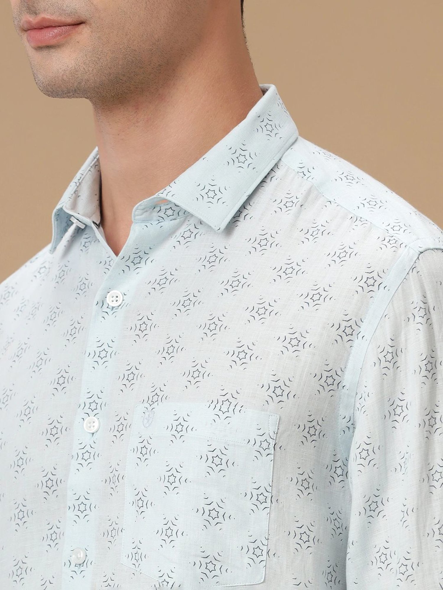 Linen Club Blue Linen Contemporary Fit Printed Shirt