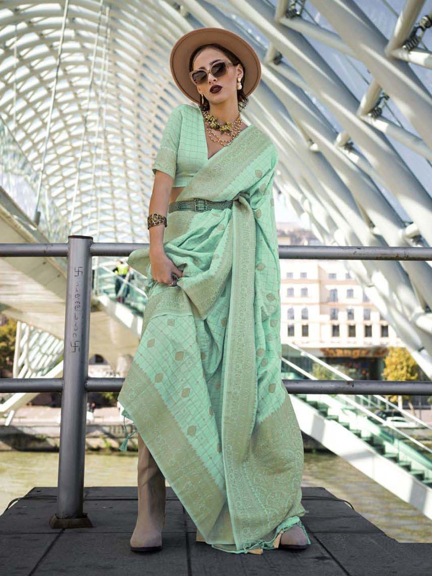 Elora Turquoise Silk Woven Saree With Unstitched Blouse