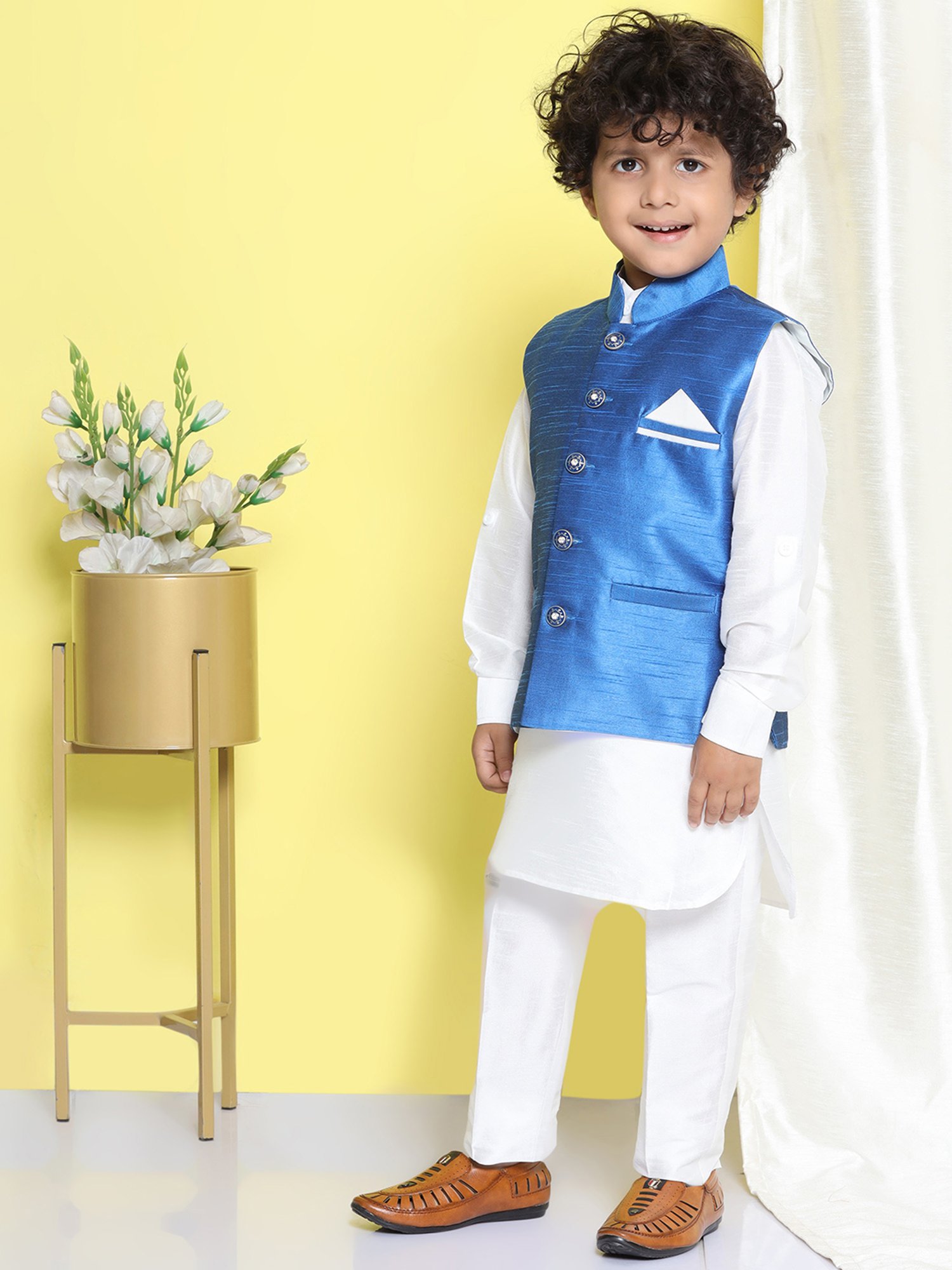 AJ Dezines Kids White & Blue Solid Full Sleeves Kurta, Trousers with Waistcoat