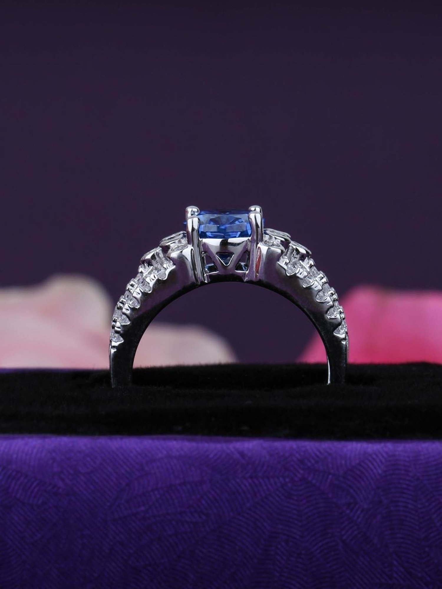 925 Silver Oval Cut Blue Sapphire and American Diamond Multi Row Ring for Women & Girls