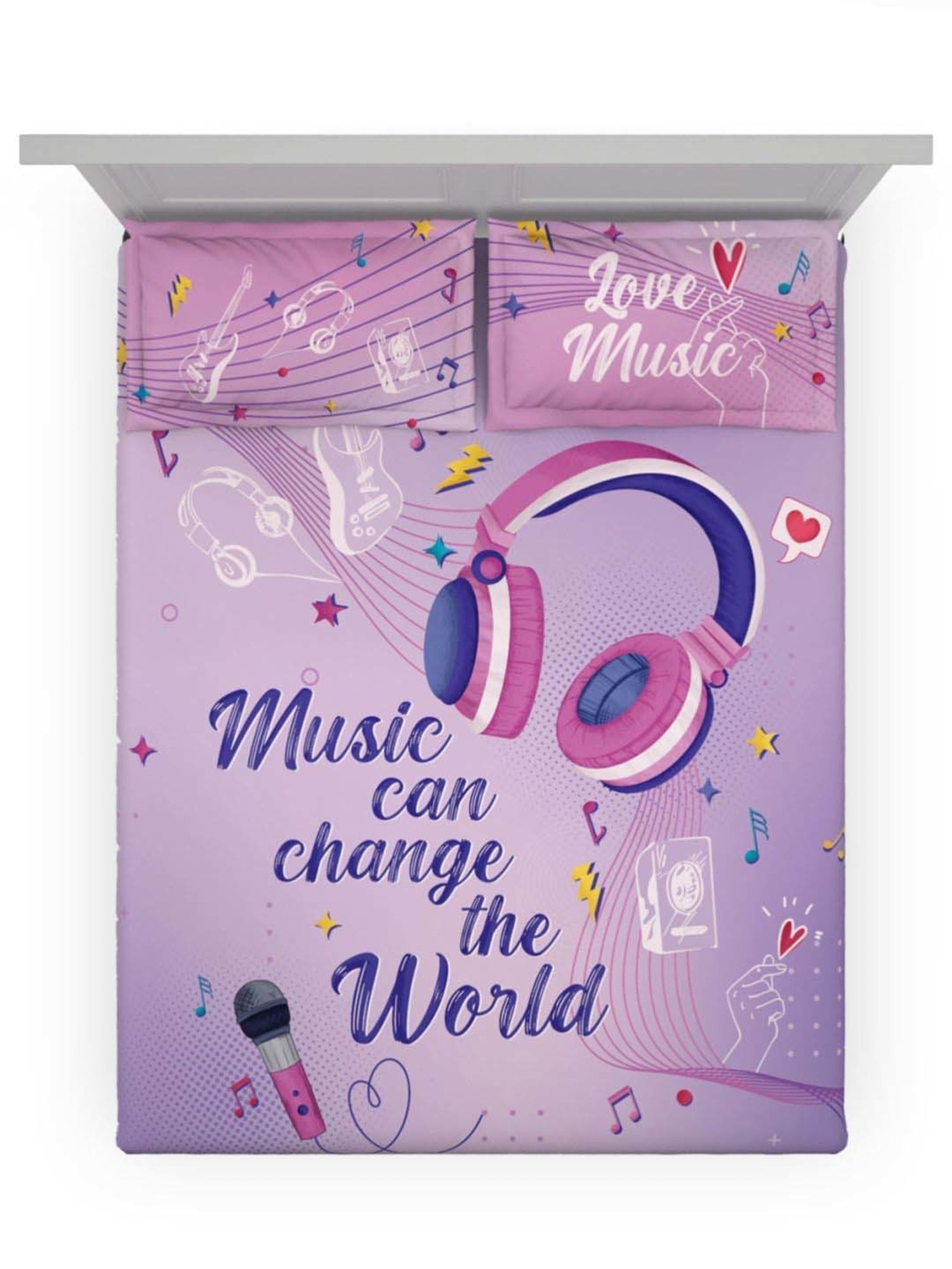 DDecor Music Conversational Purple Cotton 136 TC Double Bedsheet With 2 Pillow Covers