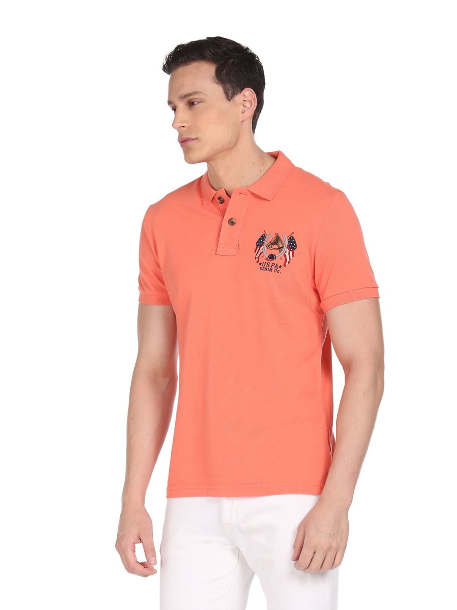 U.S. Polo Assn. Peach Cotton Regular Fit Printed Polo T-Shirt