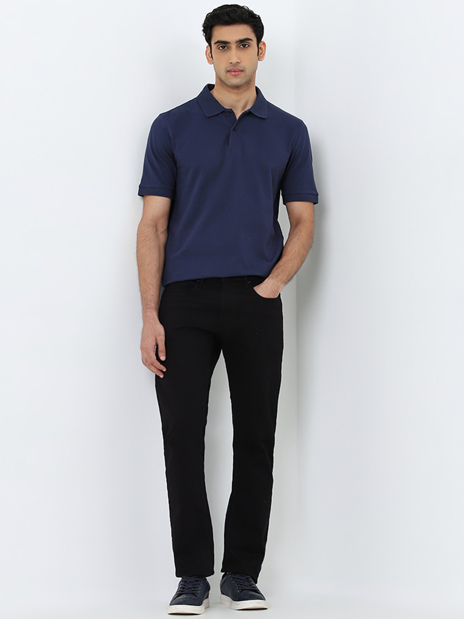 WES Casuals by Westside Dark Blue Relaxed-Fit Polo Cotton Blend T-Shirt