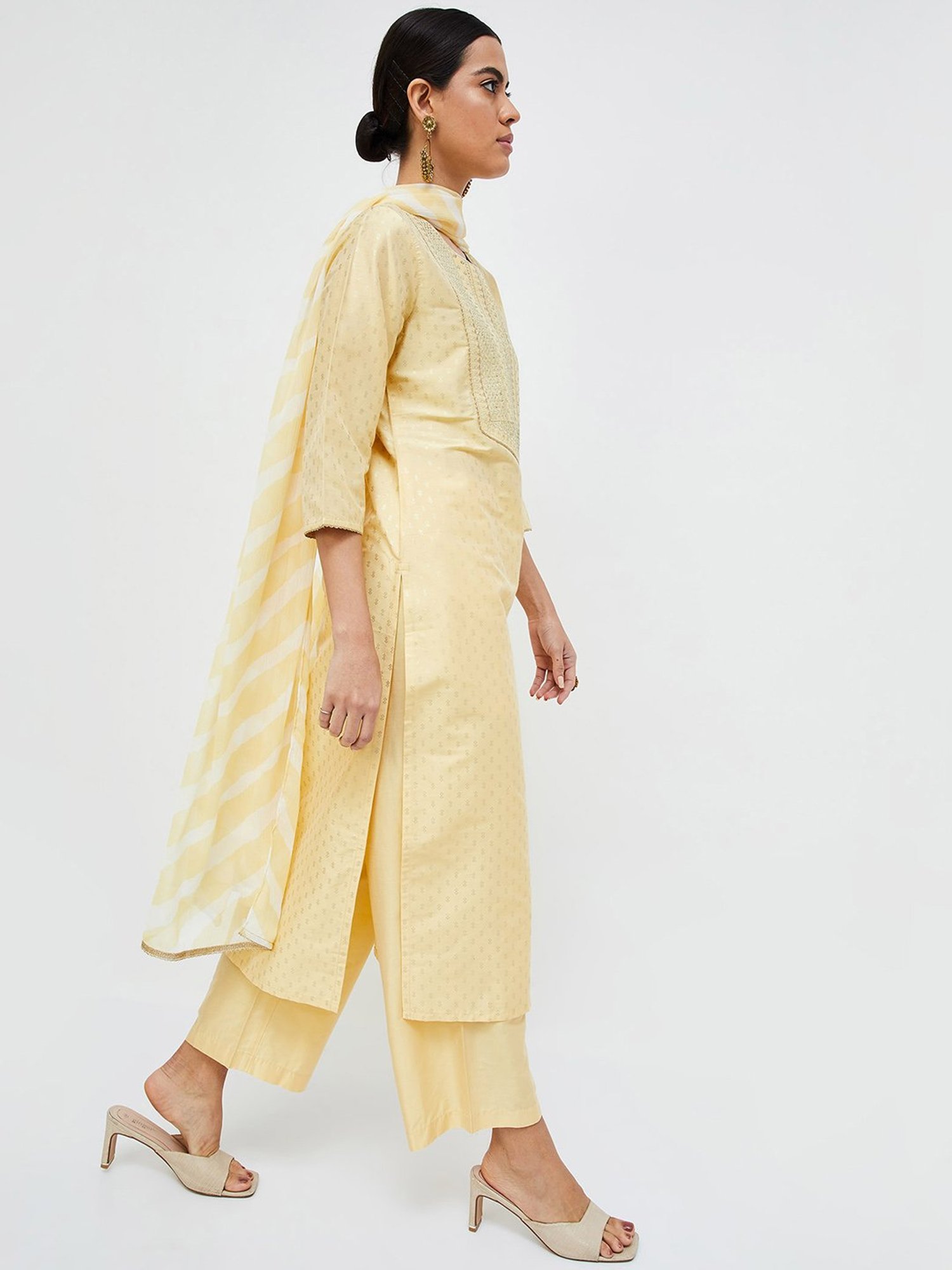 Melange by Lifestyle Light Yellow Embellished Kurta With Pants & Dupatta