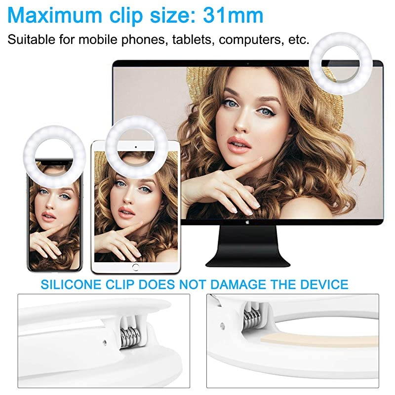 Selfie Ring Light,  Rechargeable Portable Clip on 40 LED Circle Light with 3 Light Modes for iPhone/Android Smart Phone Photography, Camera Video Recording, Vlog