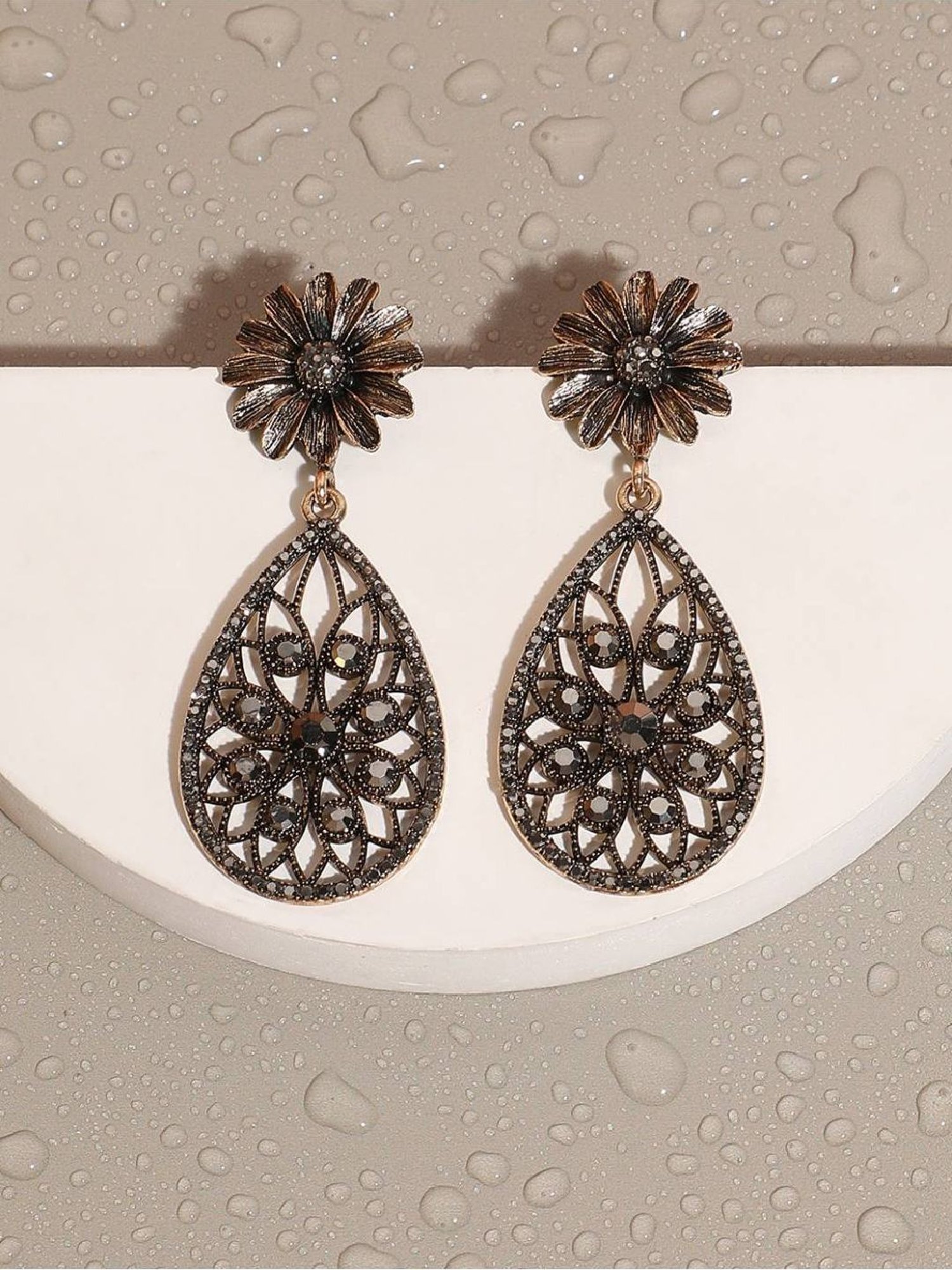 Sohi Women's Intricate Daisy Teardrop Drop Earrings  Gold