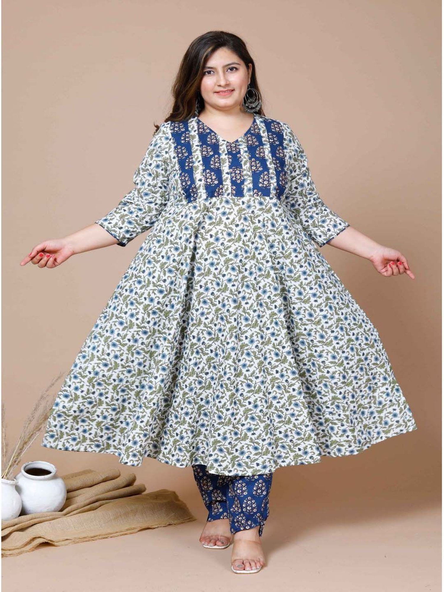 Miravan Blue Cotton Printed Kurta Pant Set