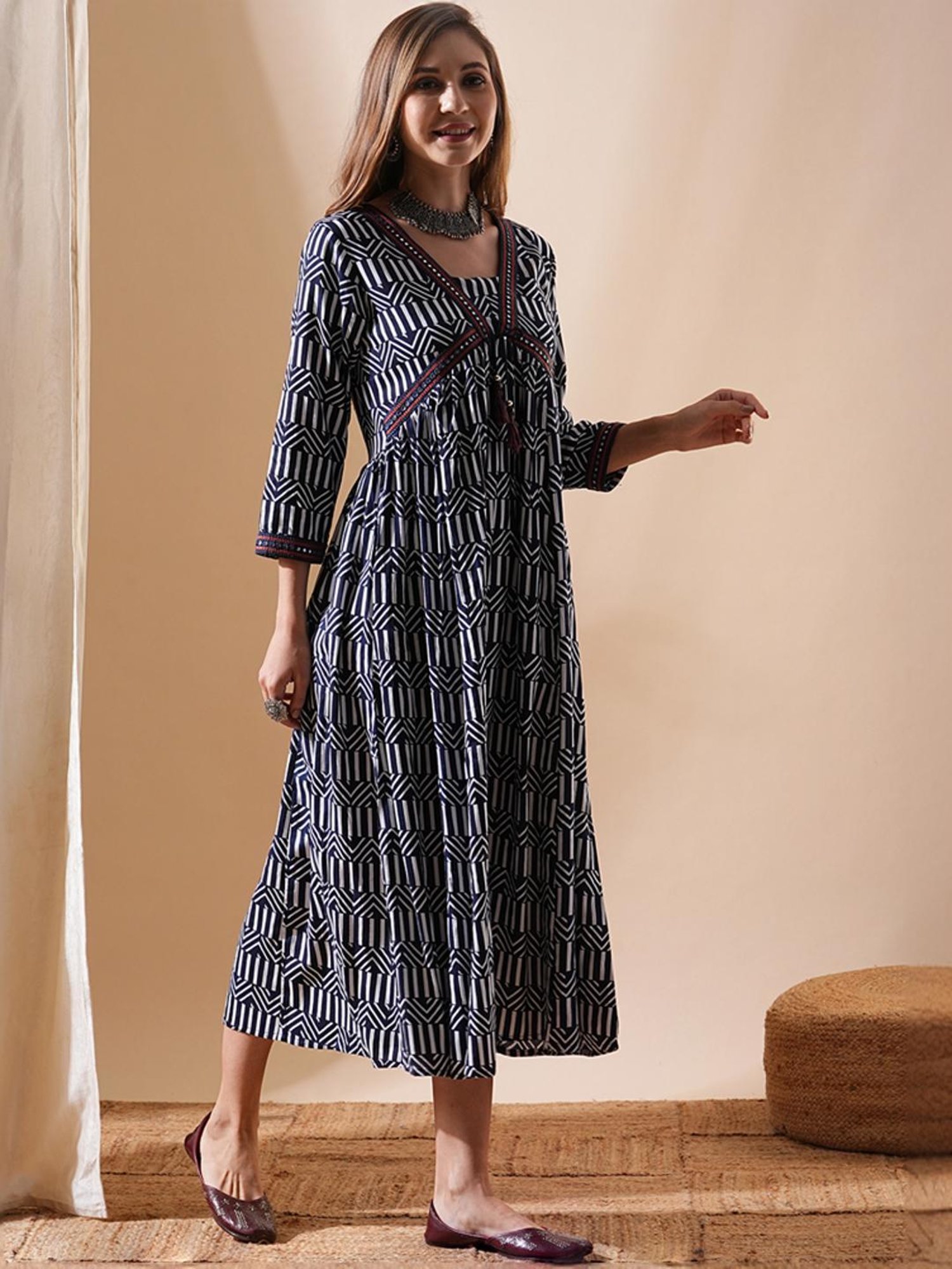 Fashor Navy Printed A-Line Dress