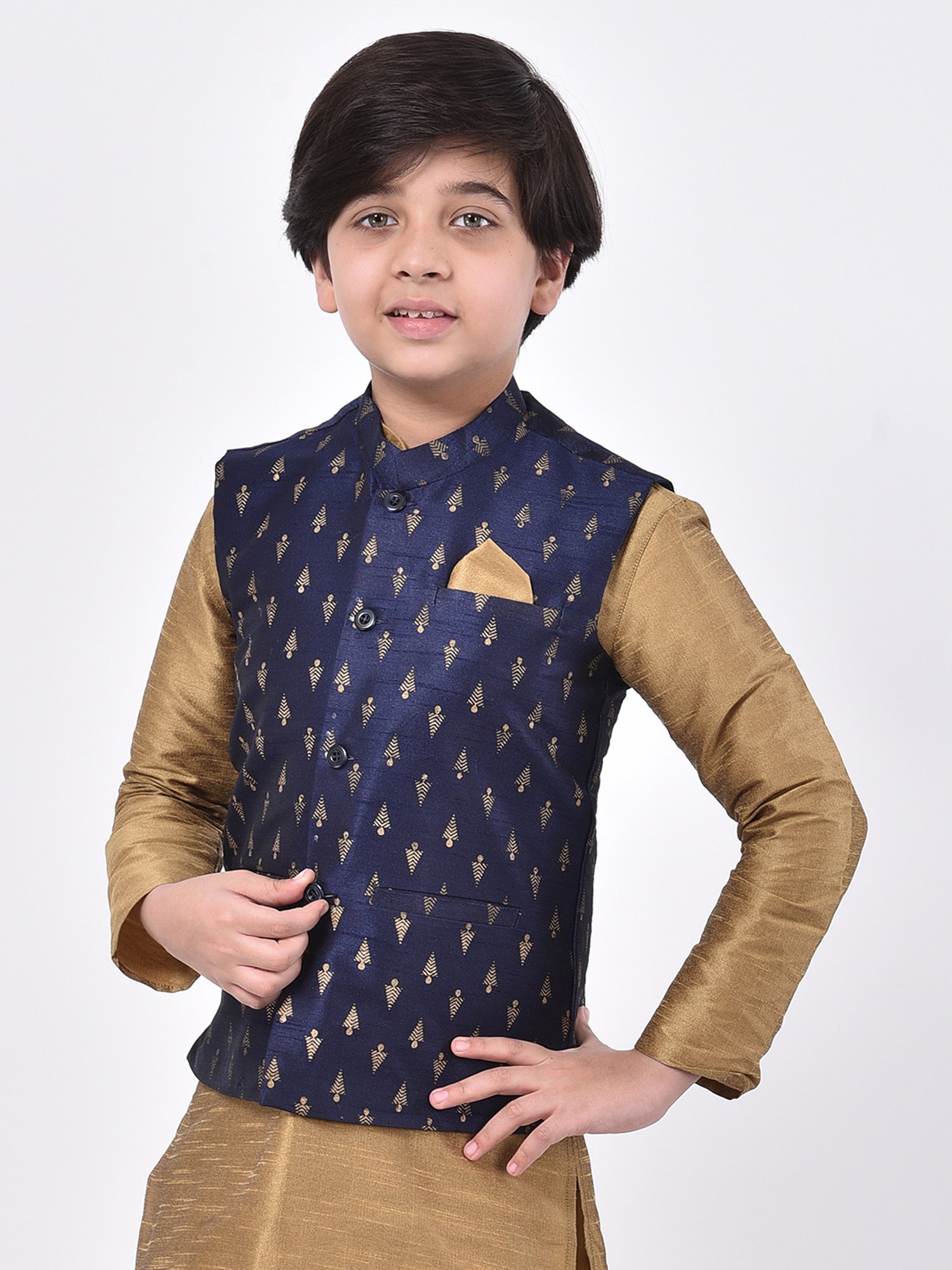 Deyann Kids Navy Embroidered Nehru Jacket