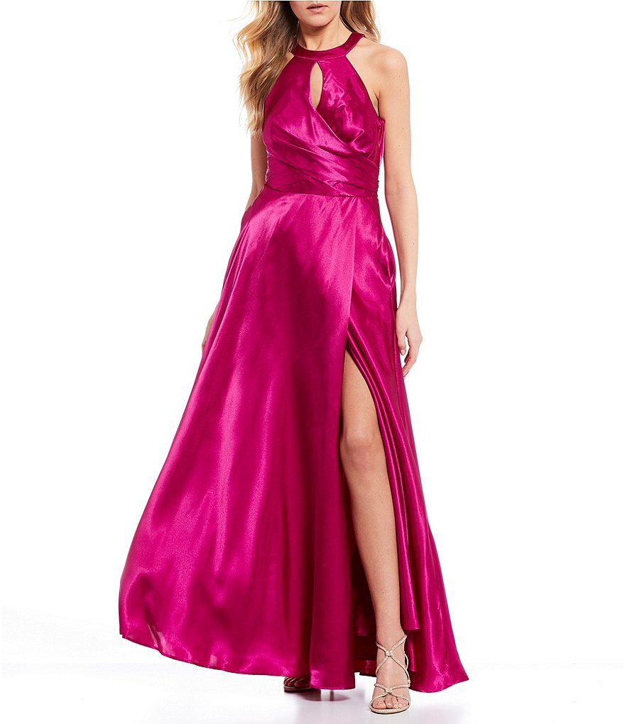 Morgan & Co. Keyhole Neckline High Side Slit Bow Back Long Dress