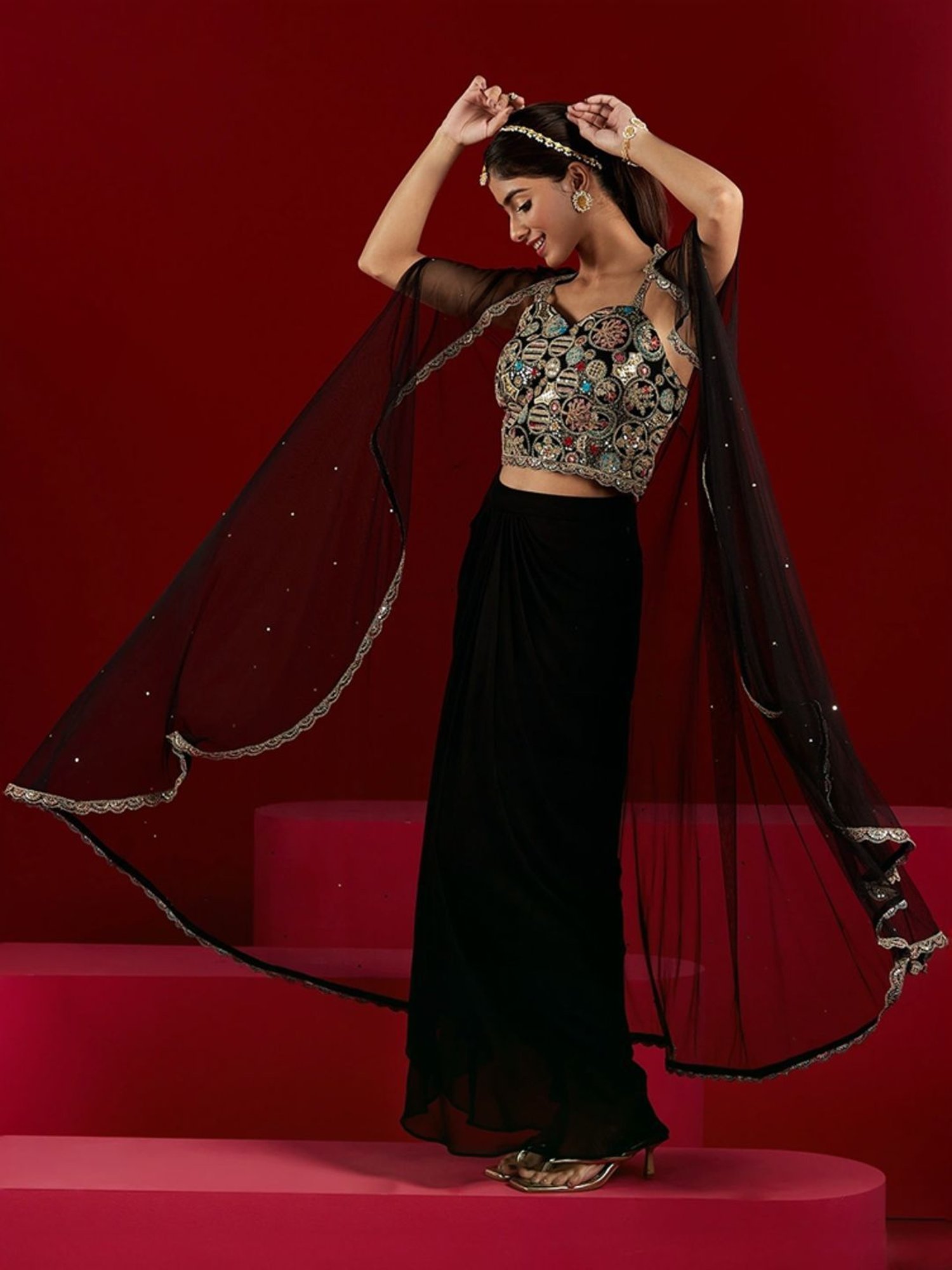 Libas Art Black Embroidered Crop Top Skirt Set With Shrug