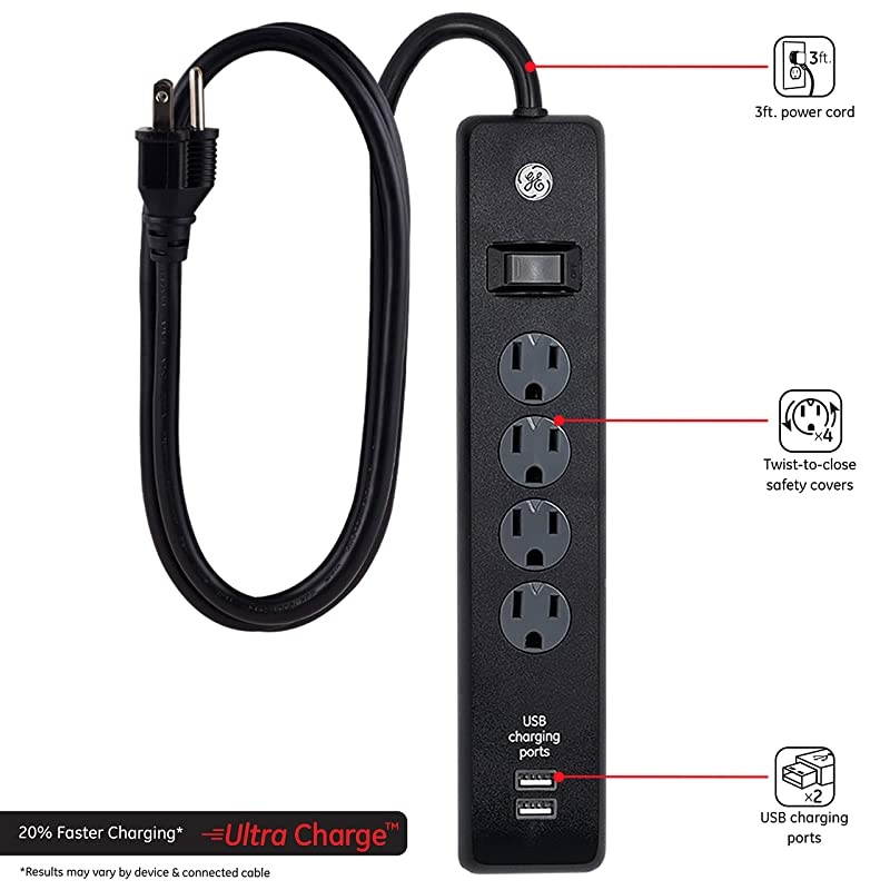 4 Outlet 2 USB Port Power Strip Sur Protector 3ft Power Cord Black 36189P1