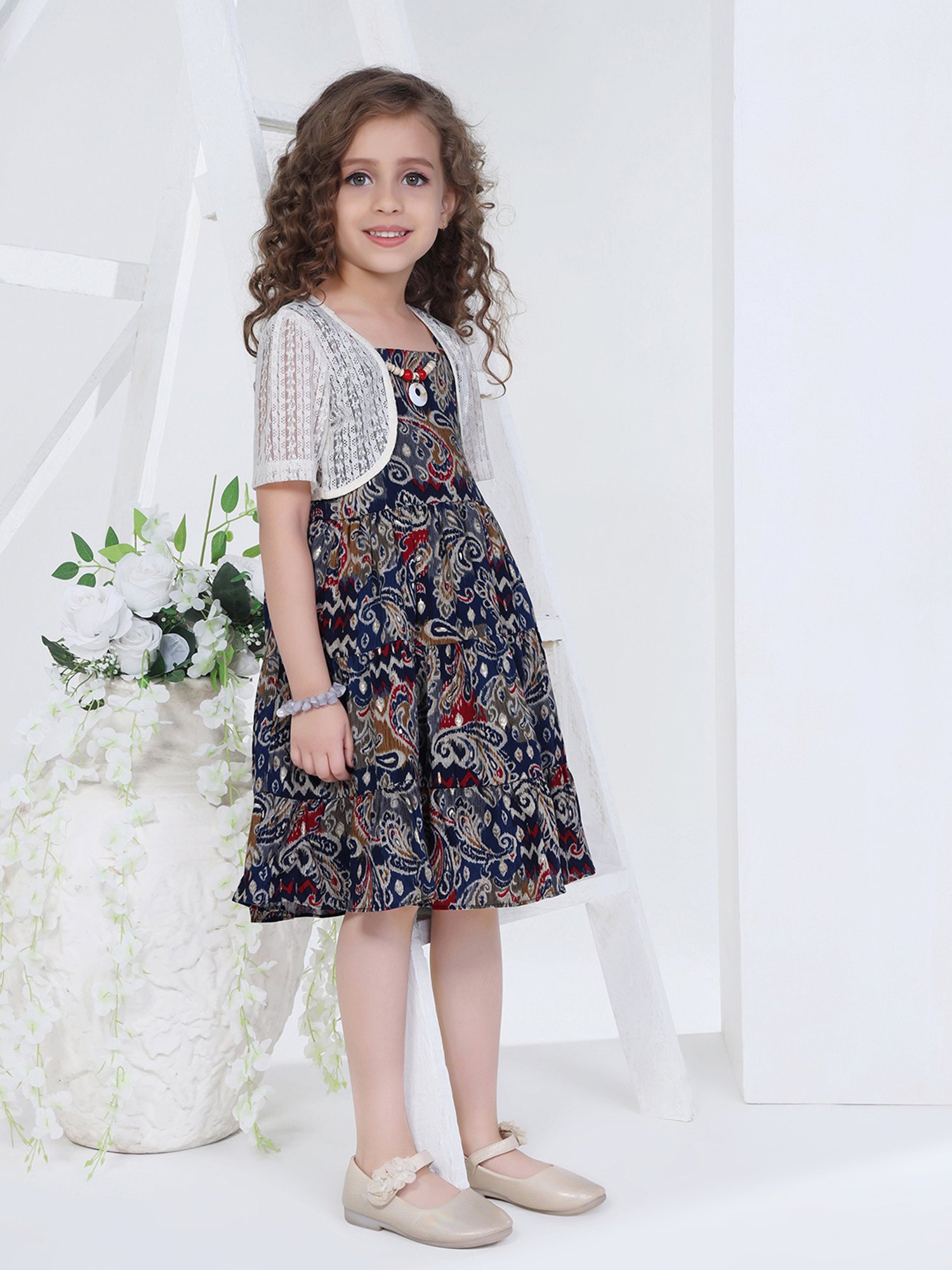 Peppermint Kids Blue & White Printed Dress