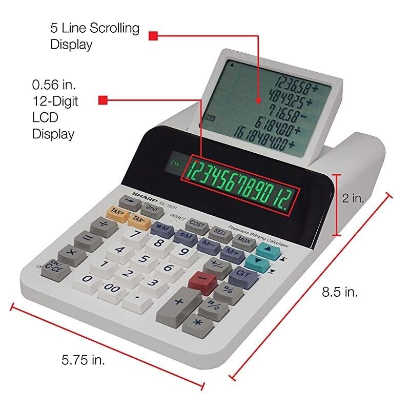 El-1501 Compact Cordless Paperless Large 12-Digit Display Desktop Printing Calculator That Utilizes Printing Calculator Logic