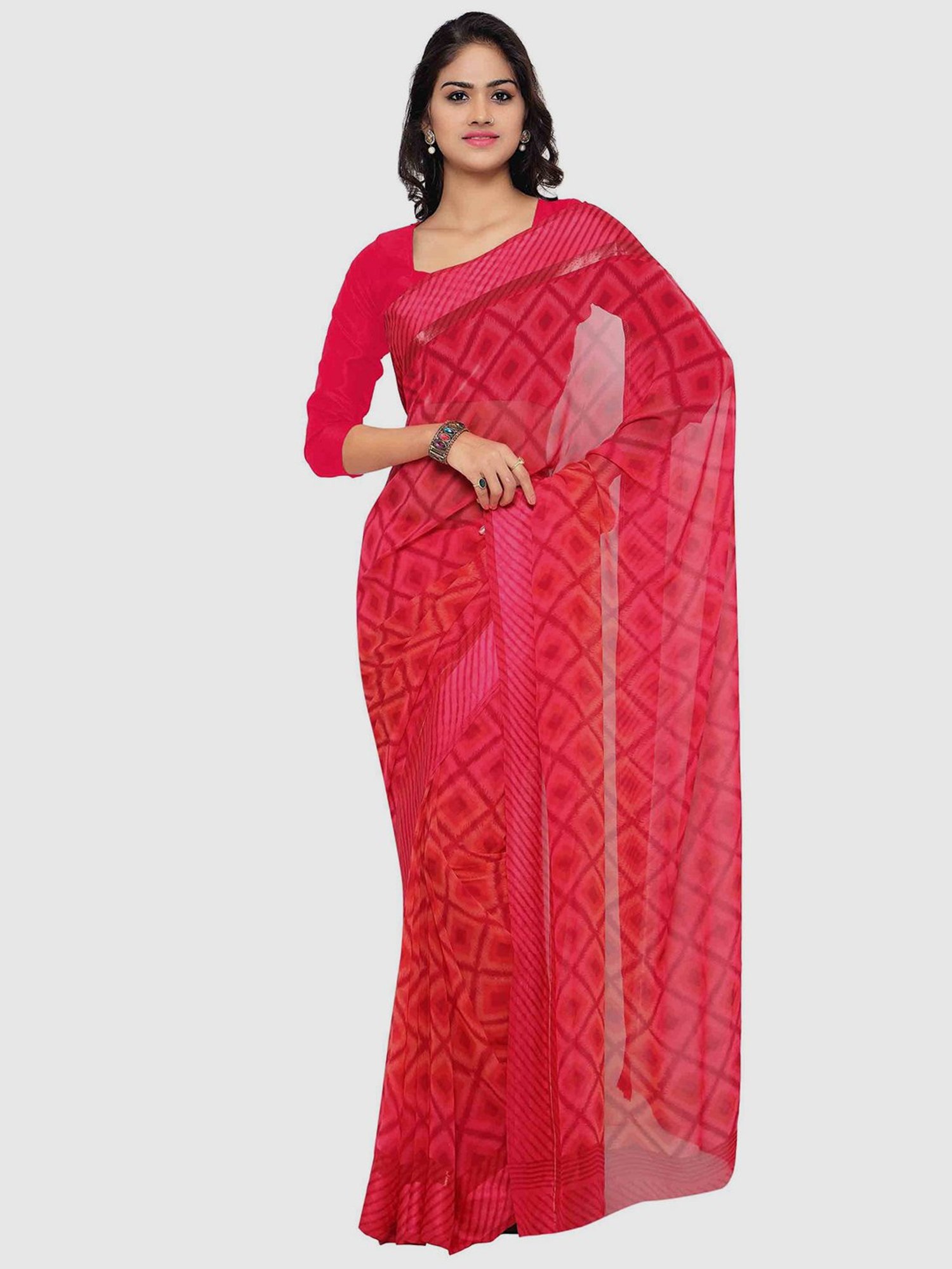 Vaamsi Red Chequered Saree With Unstitched Blouse