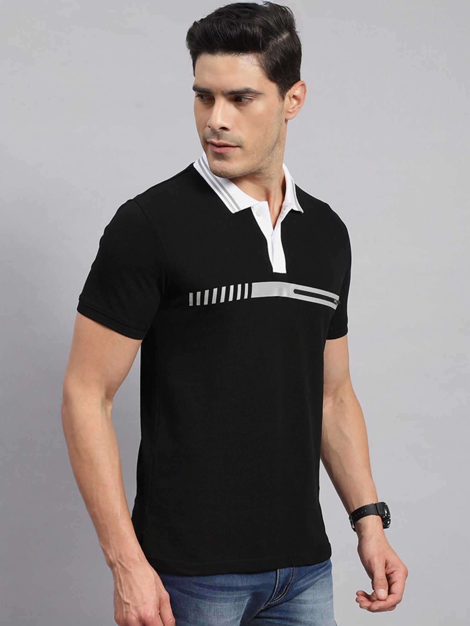 Rock.it Black Cotton Regular Fit Printed Polo T-Shirt