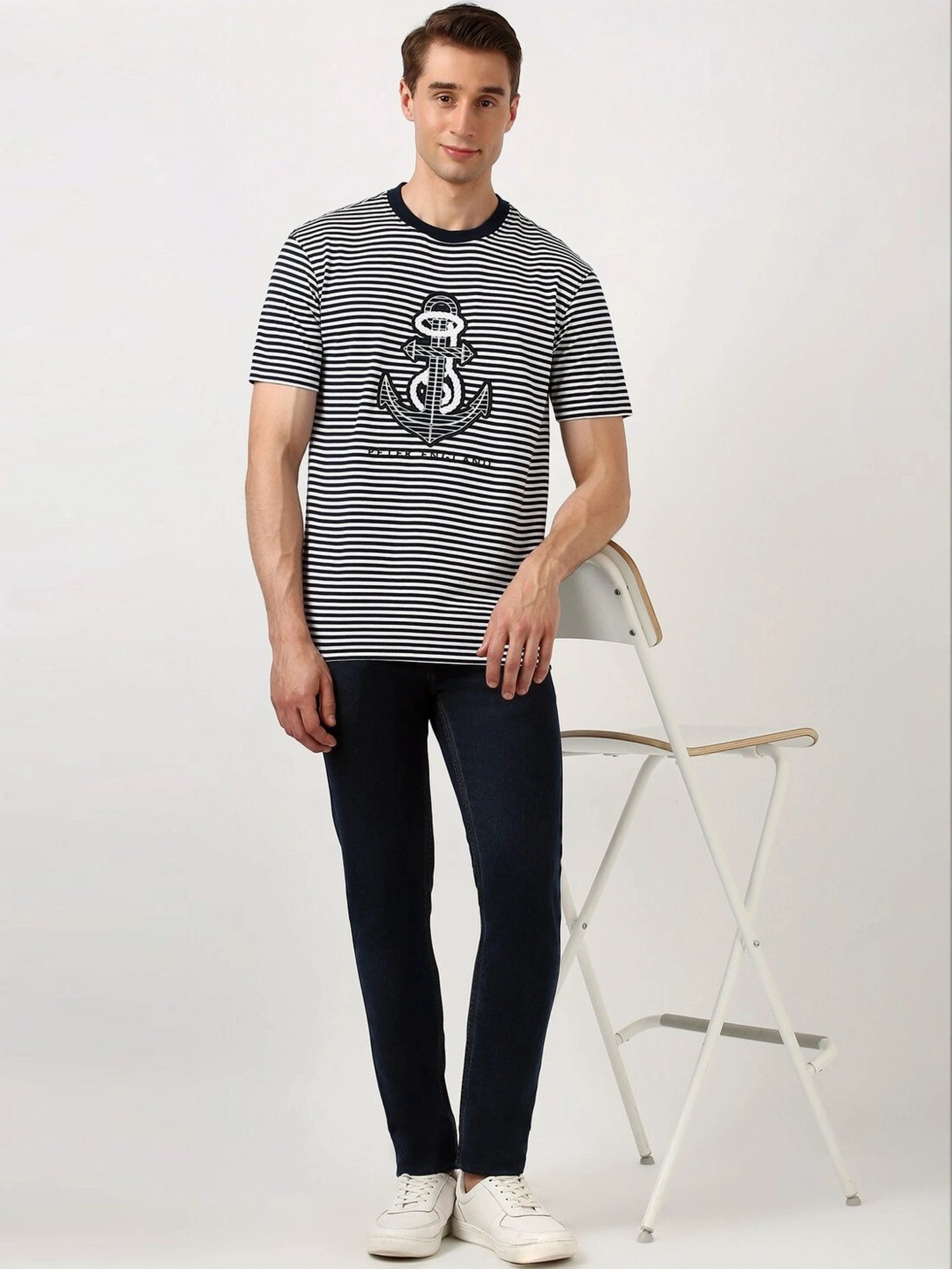 Peter England Multicolored Regular Fit Striped T-Shirt