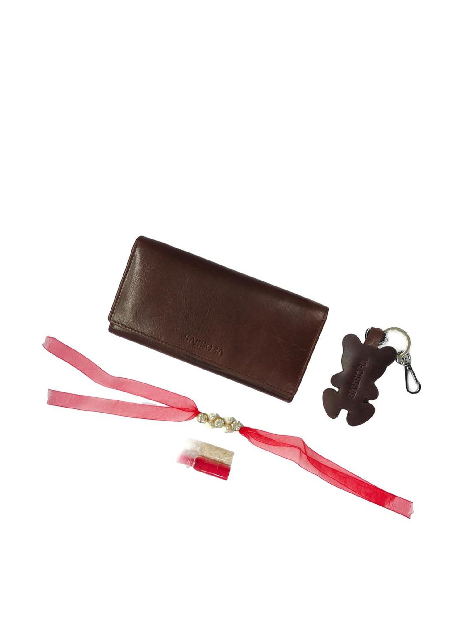 SASSORA Brown Solid Rfid Wallet, Keychain & Rakhi Combo Set