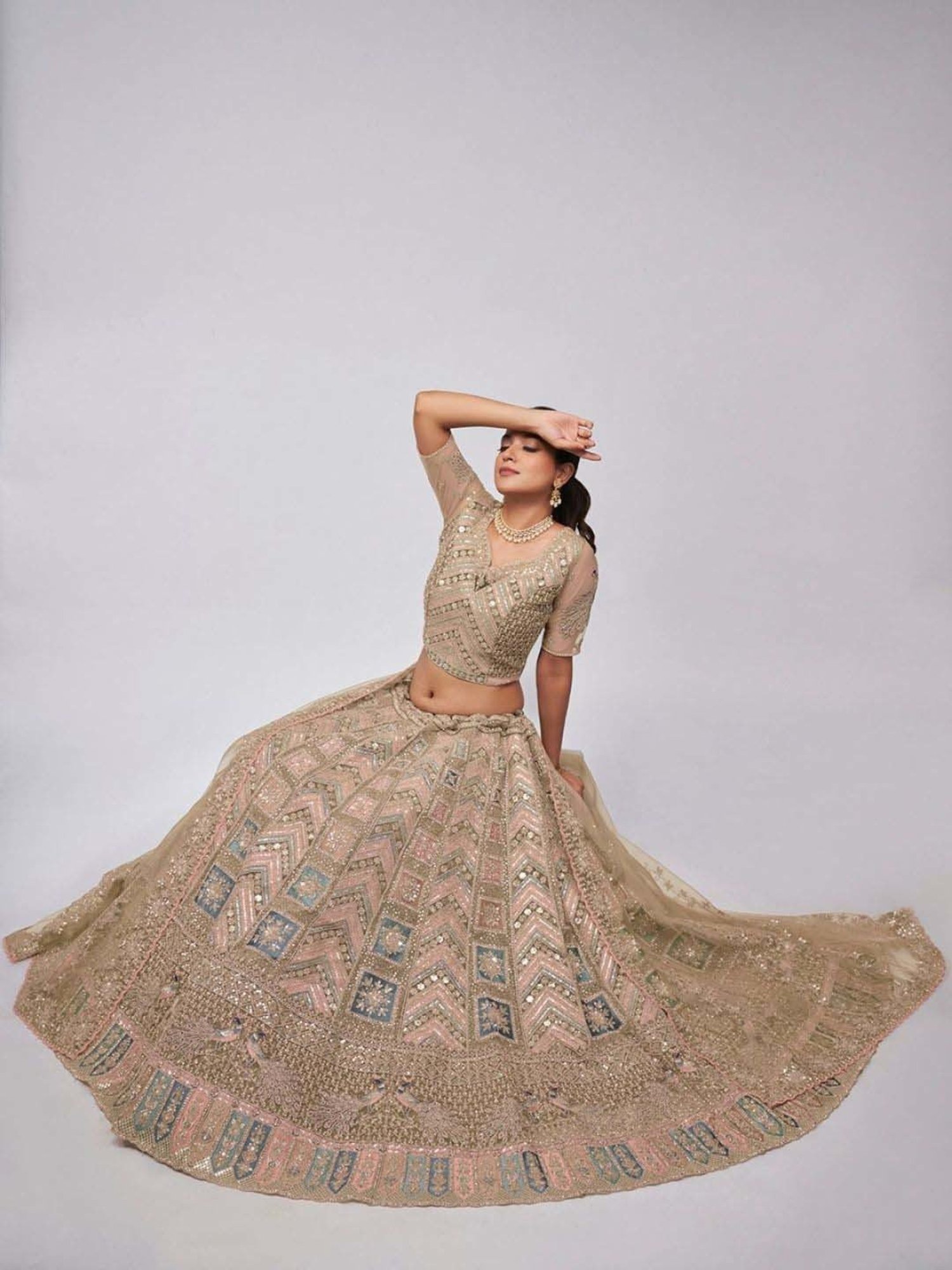 Odette Beige Embroidered Semi-Stitched Lehenga Choli Set with Dupatta