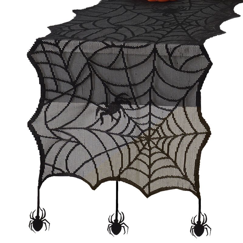 Crawling Halloween Spider Lace Table Runner - 13" x 70" - Black - Elrene Home Fashions