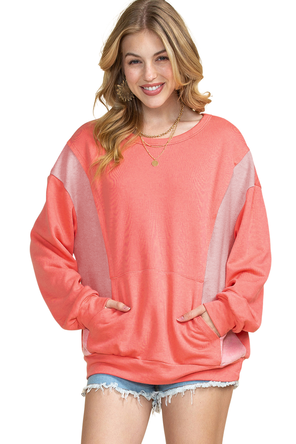 Red Colorblock Exposed Seam Patchwork Sweatshirt