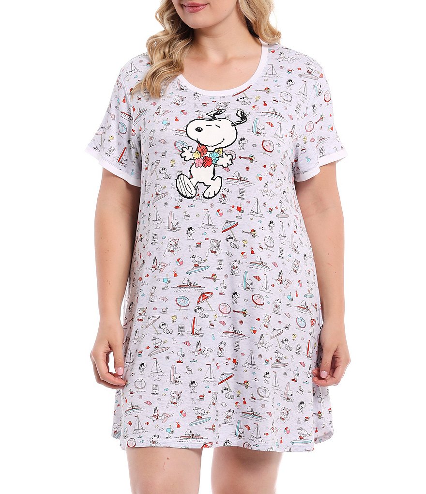 Peanuts Plus Size Round Neck Short Sleeve Aloha Snoopy Print Knit Sleepshirt